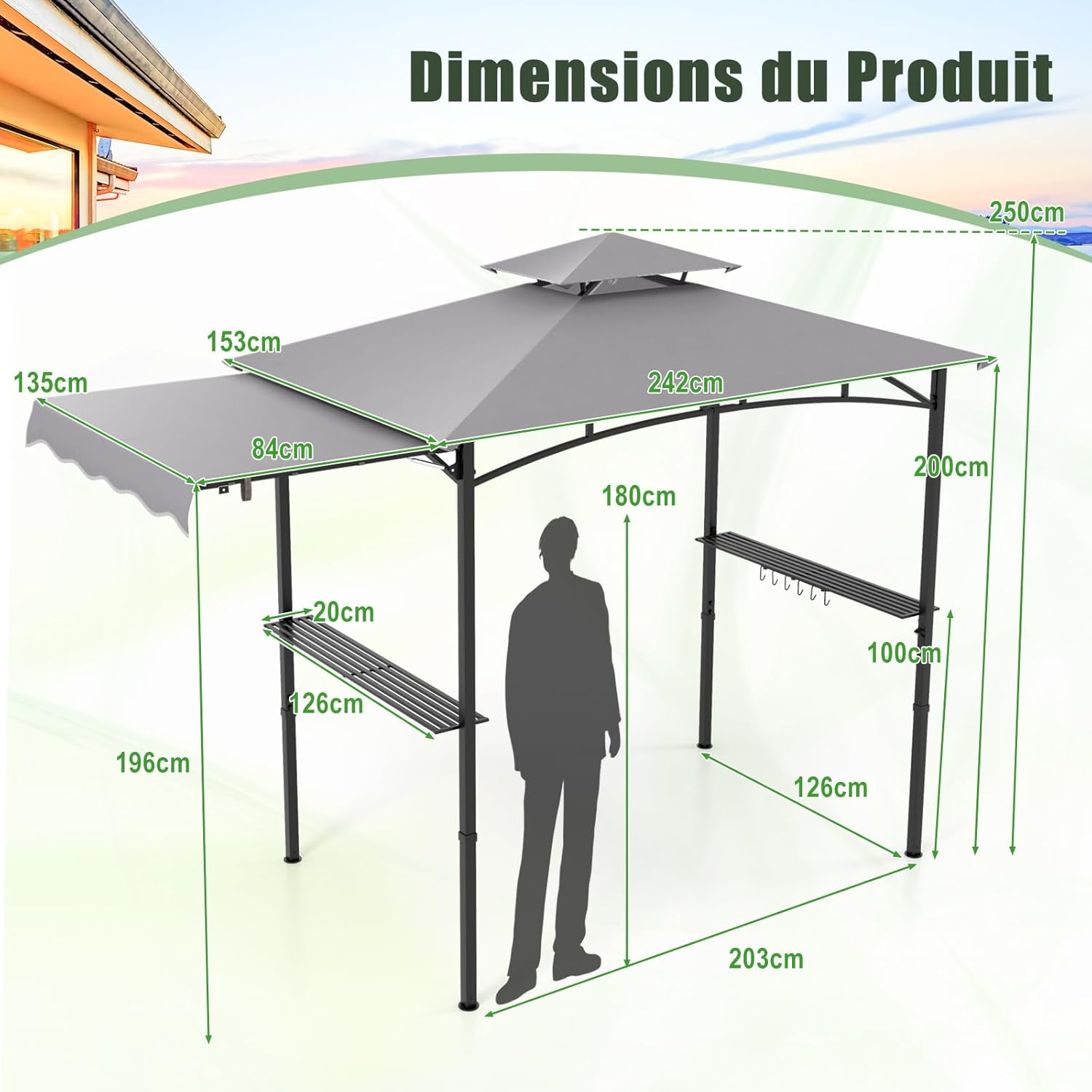 Tonnelle de Barbecue 318 x 153 cm avec Auvent Latéral, Abri Barbecue Cadre en Métal avec Dessus à 2 Niveaux 2 Etagères Latérales pour Jardin - 5