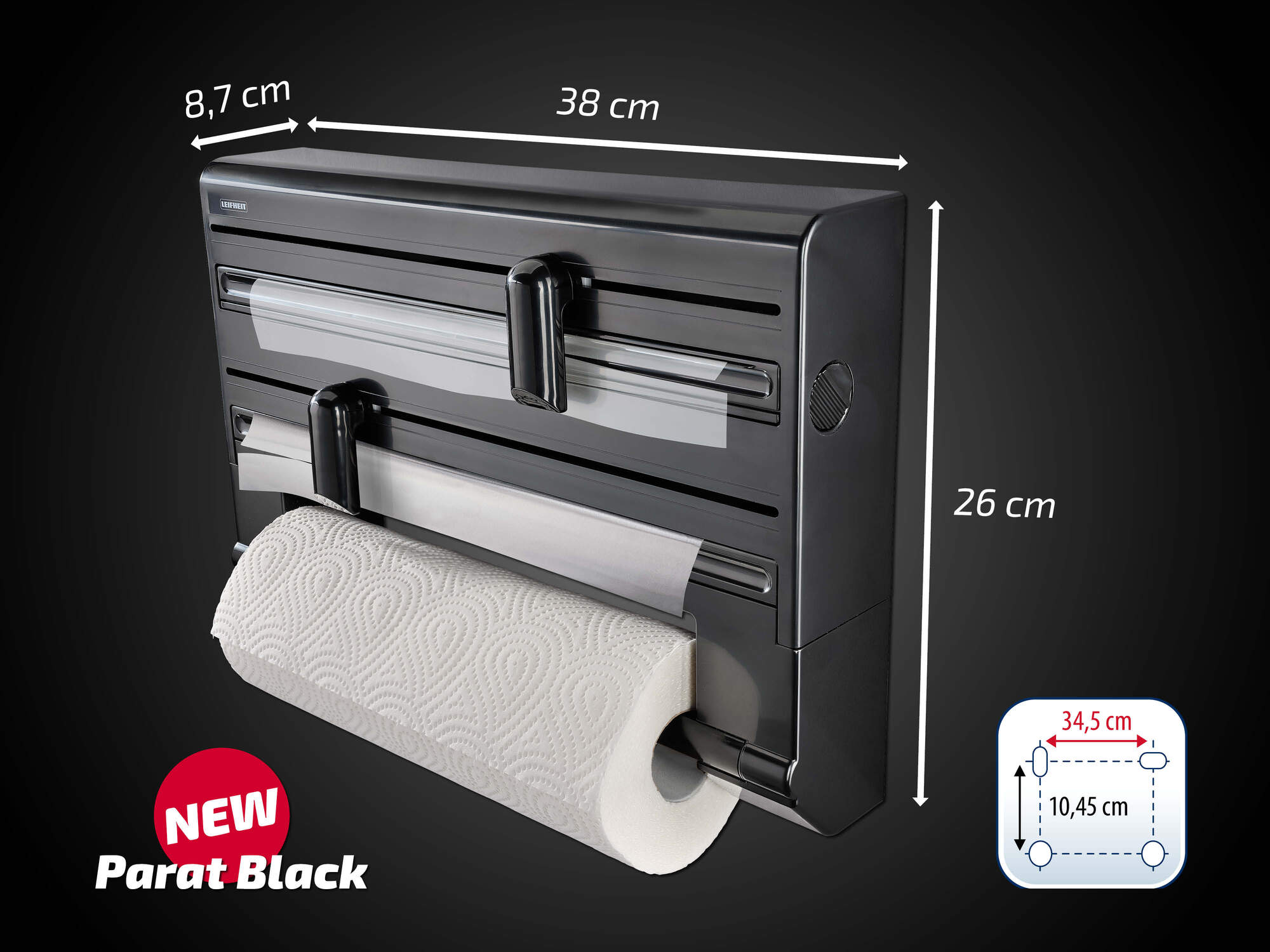 Leifheit dérouleur mural Parat Black 25794, porte-rouleau mural cuisine pour 3 rouleaux avec lames tranchantes, noir - 6