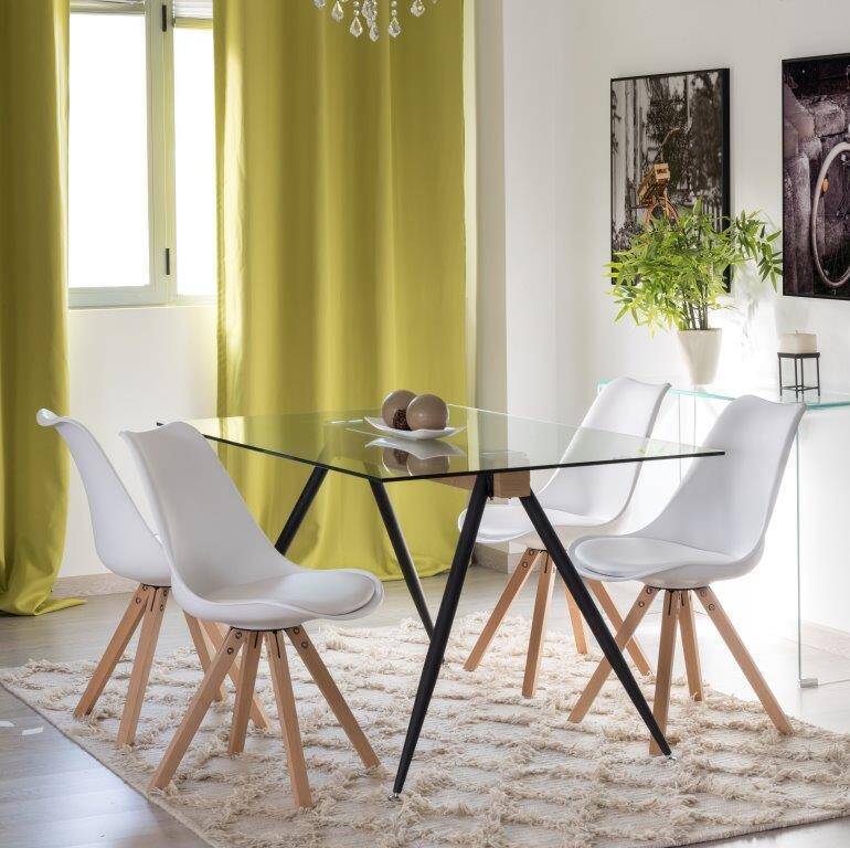 Stół jadalny z hartowanego szkła – czarne metalowe nogi i drewniana poprzeczka | Nowoczesny design | 140x90 x 75 cm