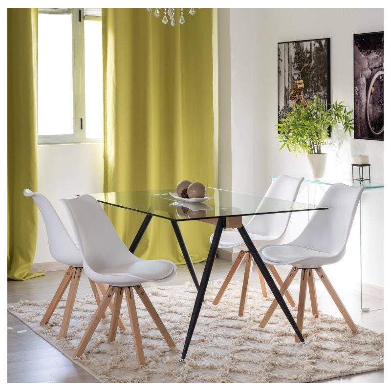 Stół jadalny z hartowanego szkła – czarne metalowe nogi i drewniana poprzeczka | Nowoczesny design | 140x90 x 75 cm