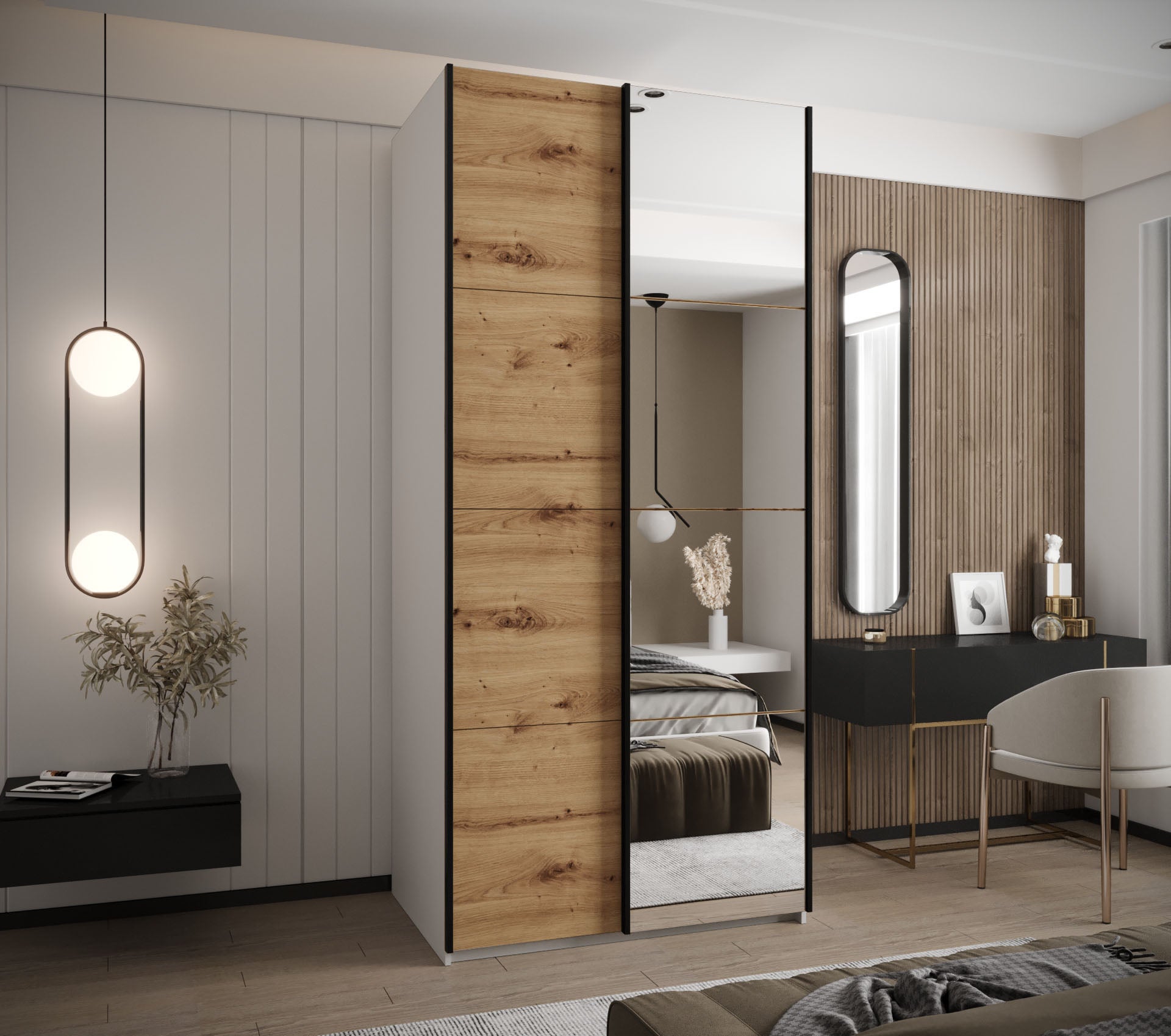 Szafa przesuwna wysoka Lux 3 100 x 64 x 245,5 cm biały + artisan + u. czarny - Abiks Meble - 2