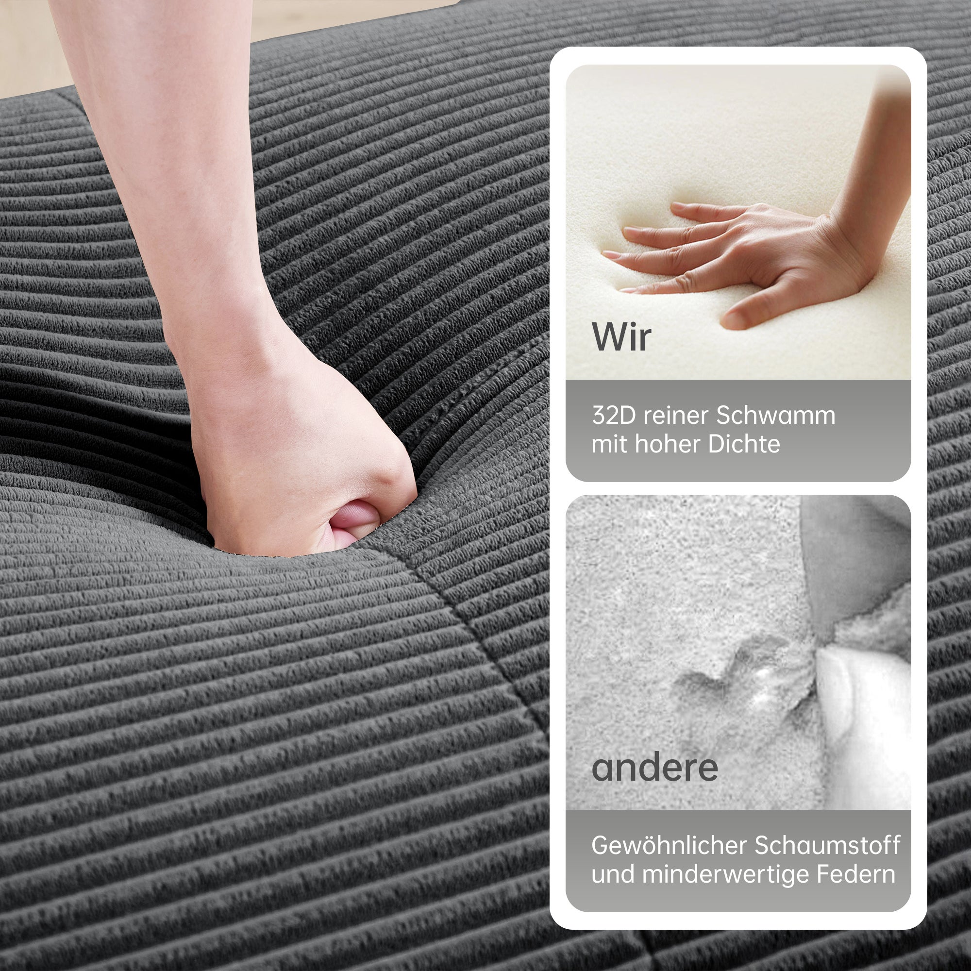 Canapé U modulable en tissu cord premium, Canapé d'Angle antidérapant, accoudoirs extra larges, rembourrage 32D, Canapé 3 Places Gris, sans montage - 6