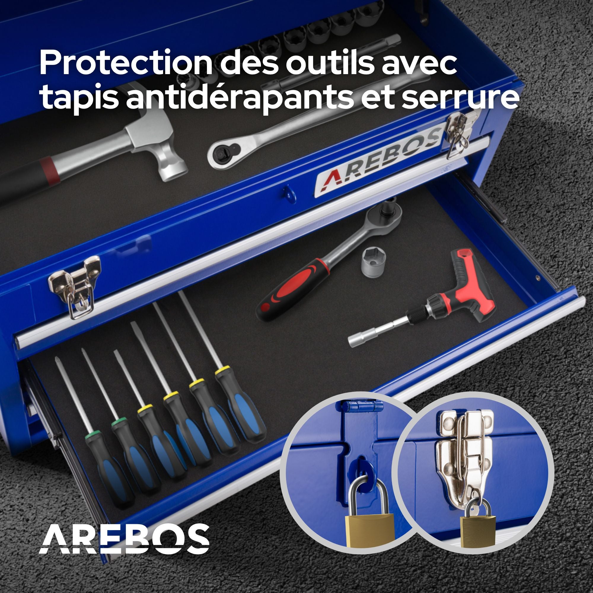 AREBOS Boîte à outils avec 3 tiroirs et 2 compartiments de rangement Bleu Poignée de transport et fermetures à pression Coffret à Outils Tapis - 8