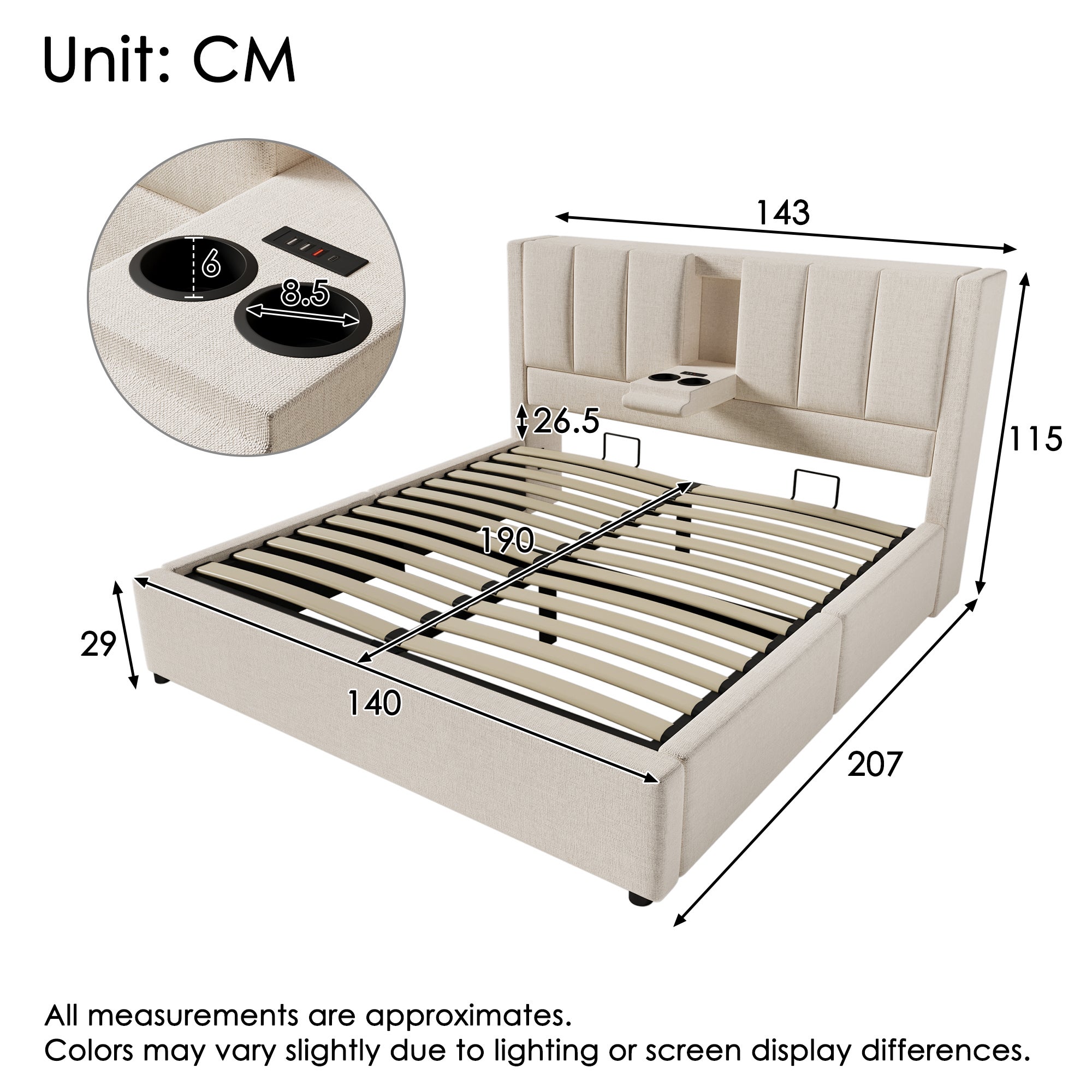 Lit coffre 140 x 190 cm avec porte-gobelet caché et station de charge - Tissu en lin et sommier à lattes - Beige (matelas non inclus) - 2