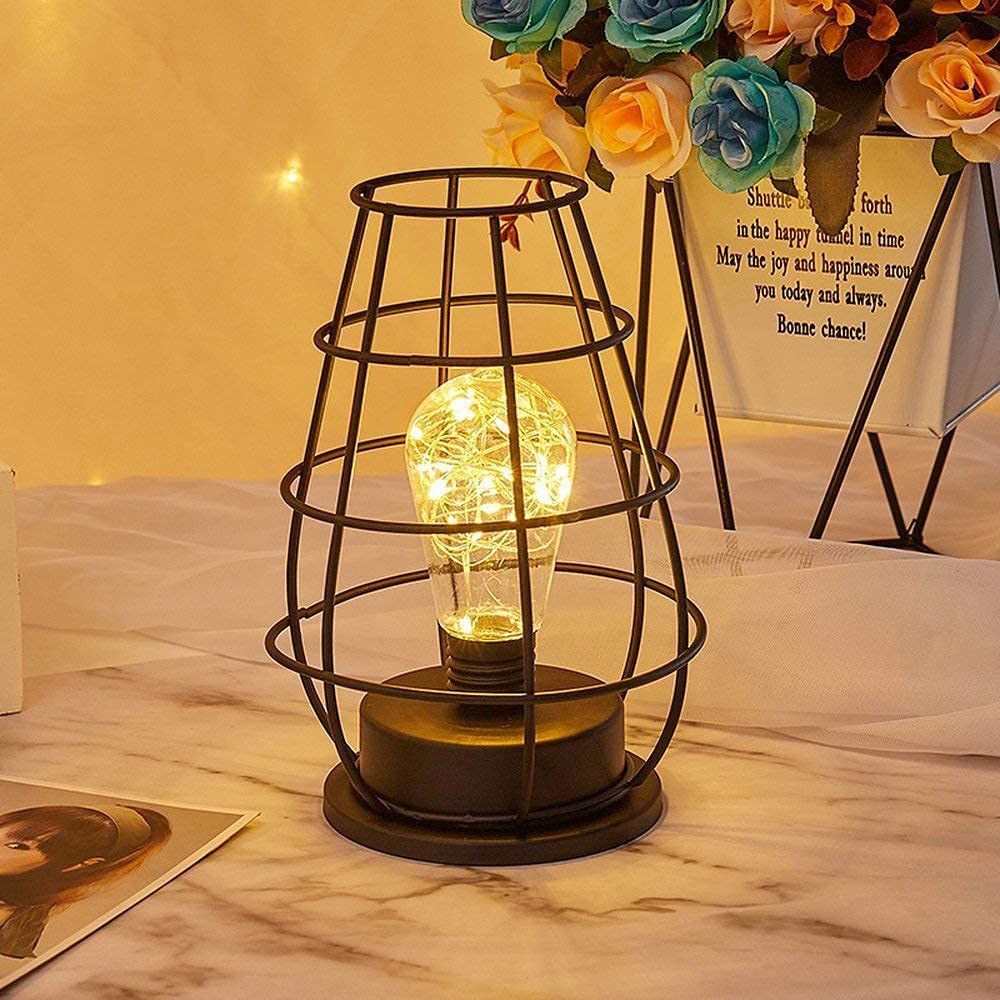 Czarna lampa stołowa w kształcie dzbanka na wino, lampa retro z żelazną klatką, lampka nocna do dekoracji sypialni i salonów (ciepłe światło)