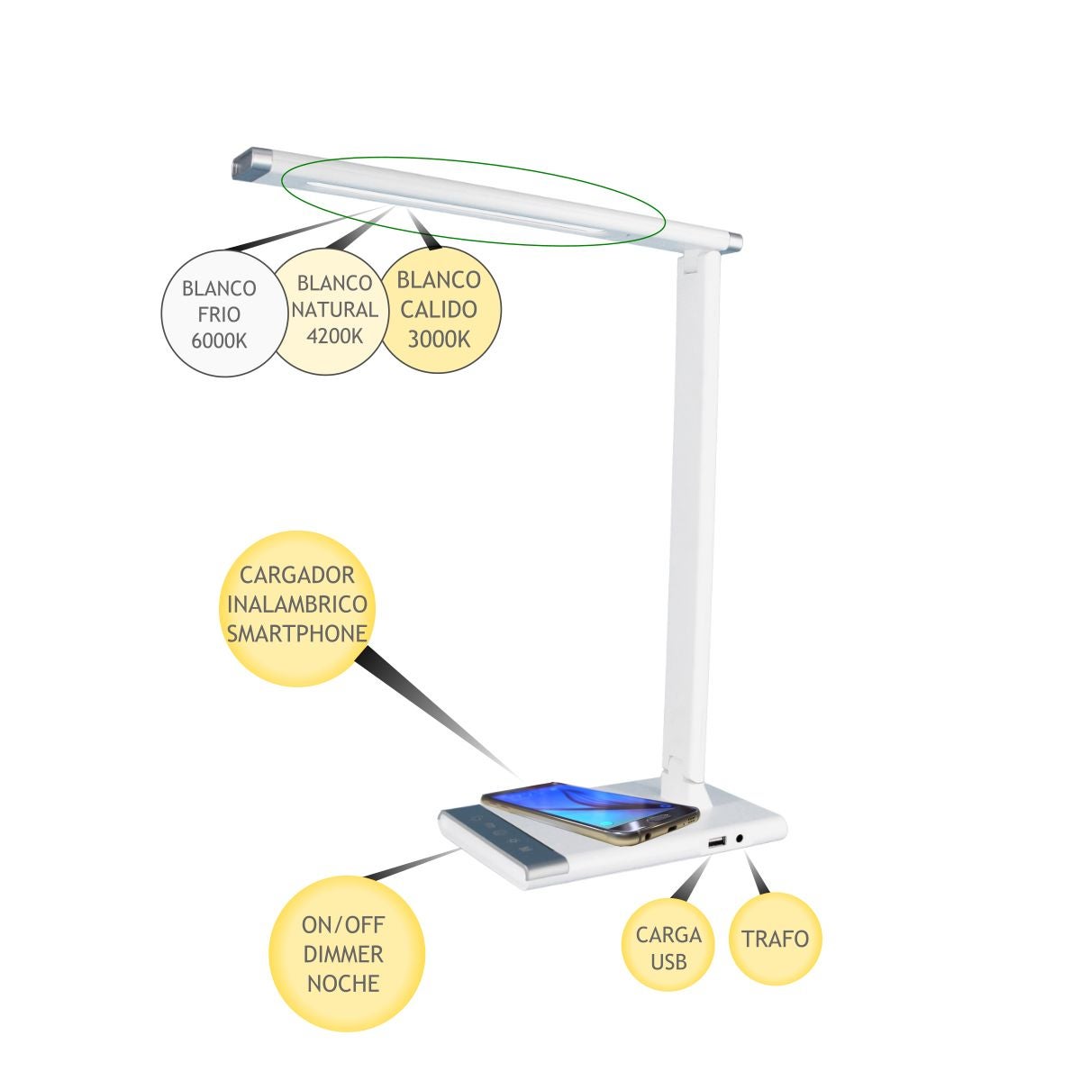 Lampa biurkowa LED z bezprzewodową ładowarką, Wireless QI i USB, dotykowa, 3 odcienie kolorów, regulowana intensywność
