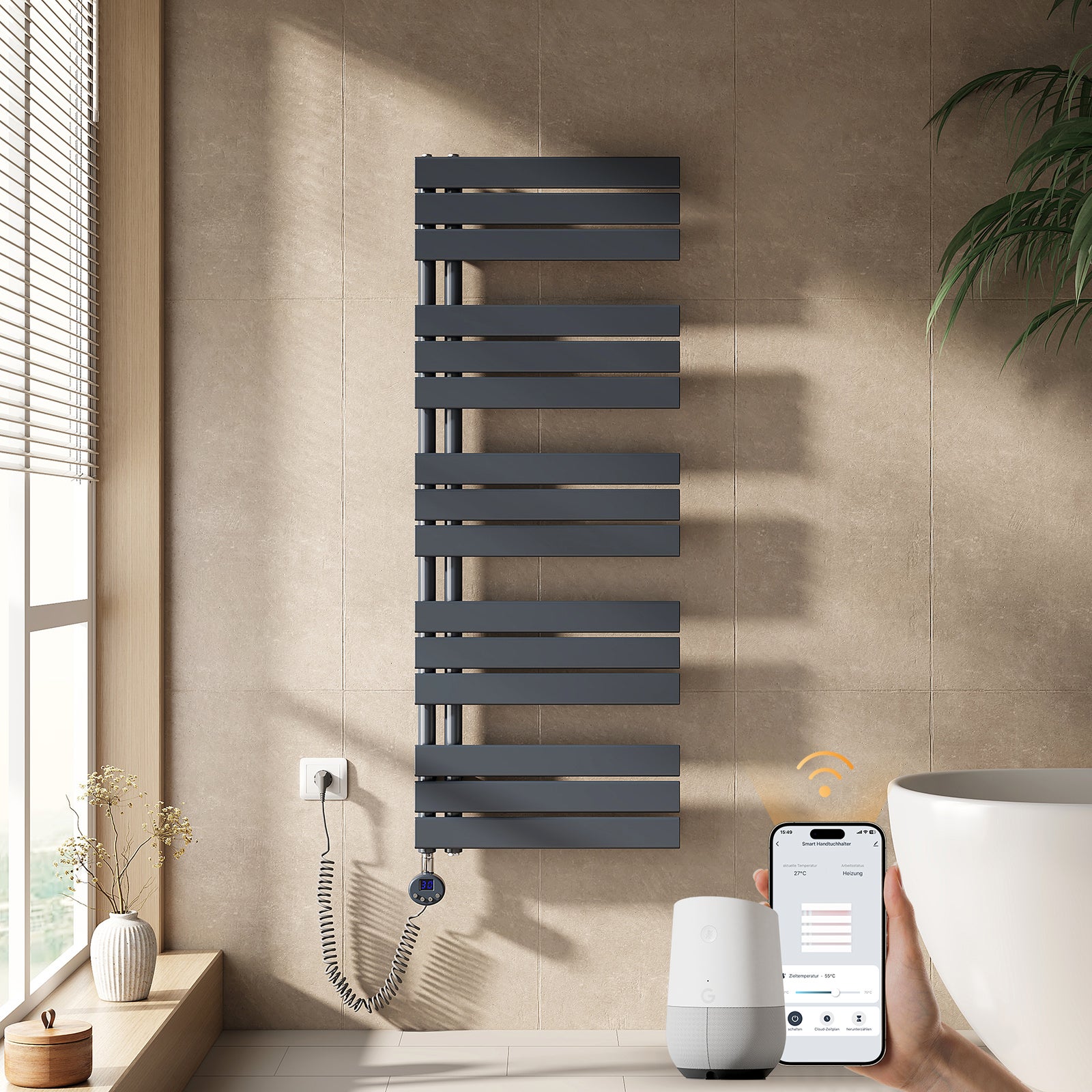 EMKE Grzejnik elektryczny łazienkowy 132x50cm - Inteligentne Sterowanie z Programatorem Tygodniowym w Aplikacji - 800W - Matowy Antracyt