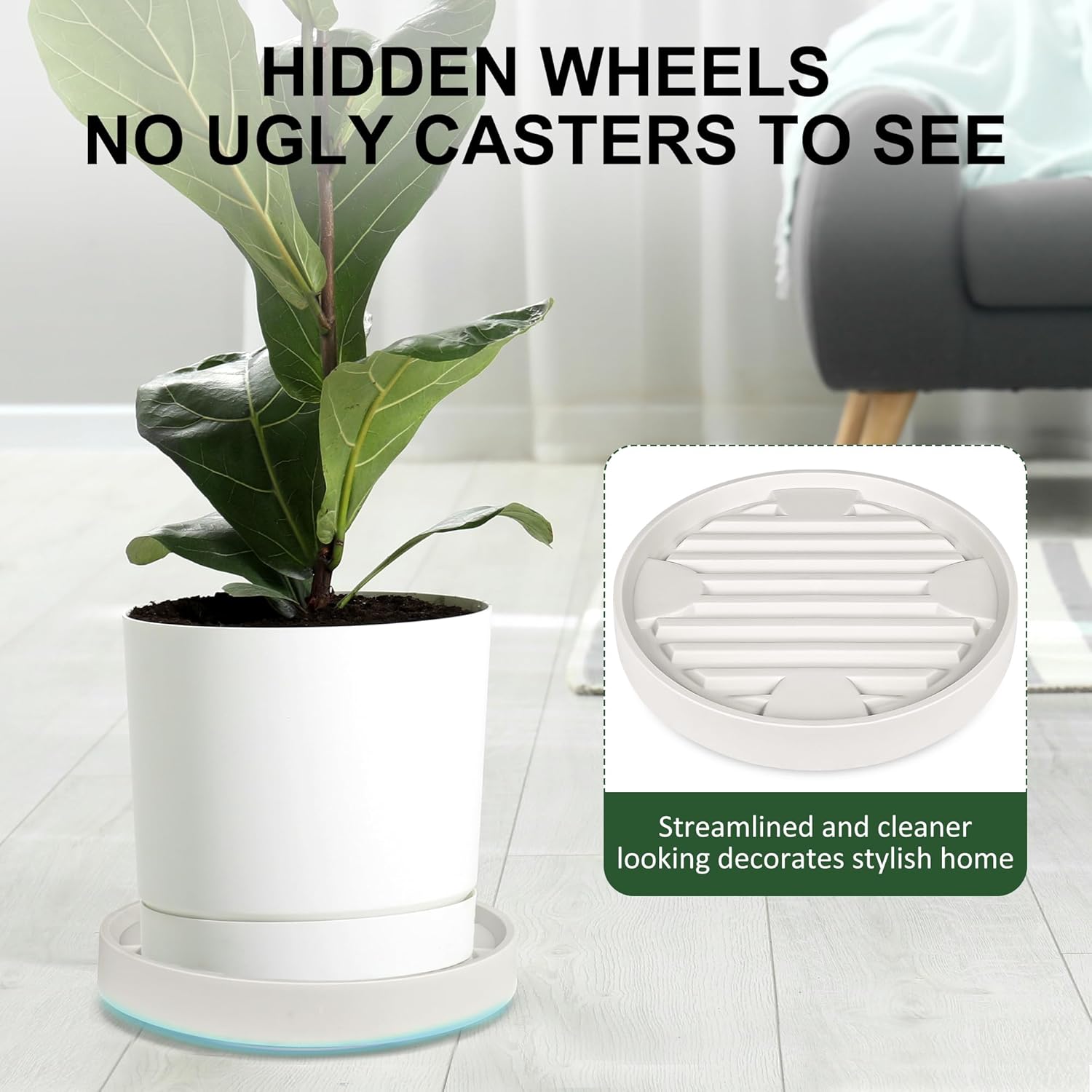 Plateau pour pot de fleurs, 28,3 cm, beige, 1 pièce, 4 roulettes invisibles, base amovible, support pour pot de fleurs - 2