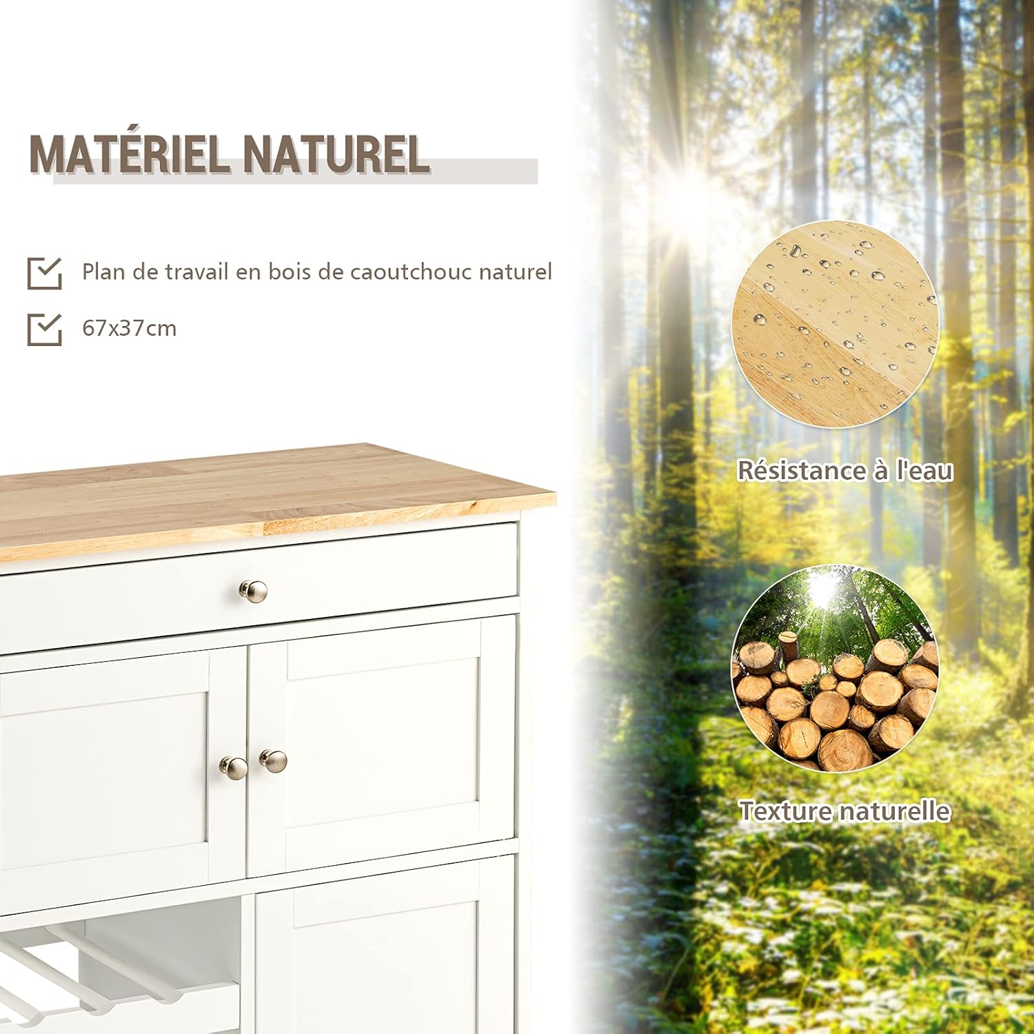 Aparador de cozinha com rodízios, tabuleiro de arrumação de cozinha em madeira de Hevea, gaveta, suporte para garrafas de 3 níveis e 2 pratele - 6