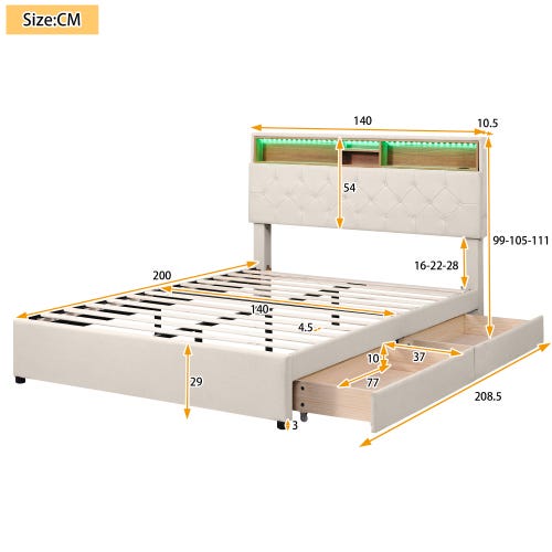 COSTWAY Letto Matrimoniale 140x200 cm, Struttura Letto con Testiera Imbottita Regolabile, Stazione di Ricarica e Luci LED, Galleggiante, Struttura in Metallo, Silenzioso, Carico 300kg COSTWAY Letto Matrimoniale 140x200 cm, Struttura Letto con Testiera Imbottita Regolabile, Stazione di Ricarica e Luci LED, Galleggiante, Struttura in Metallo, Silenzioso, Carico 300kg
