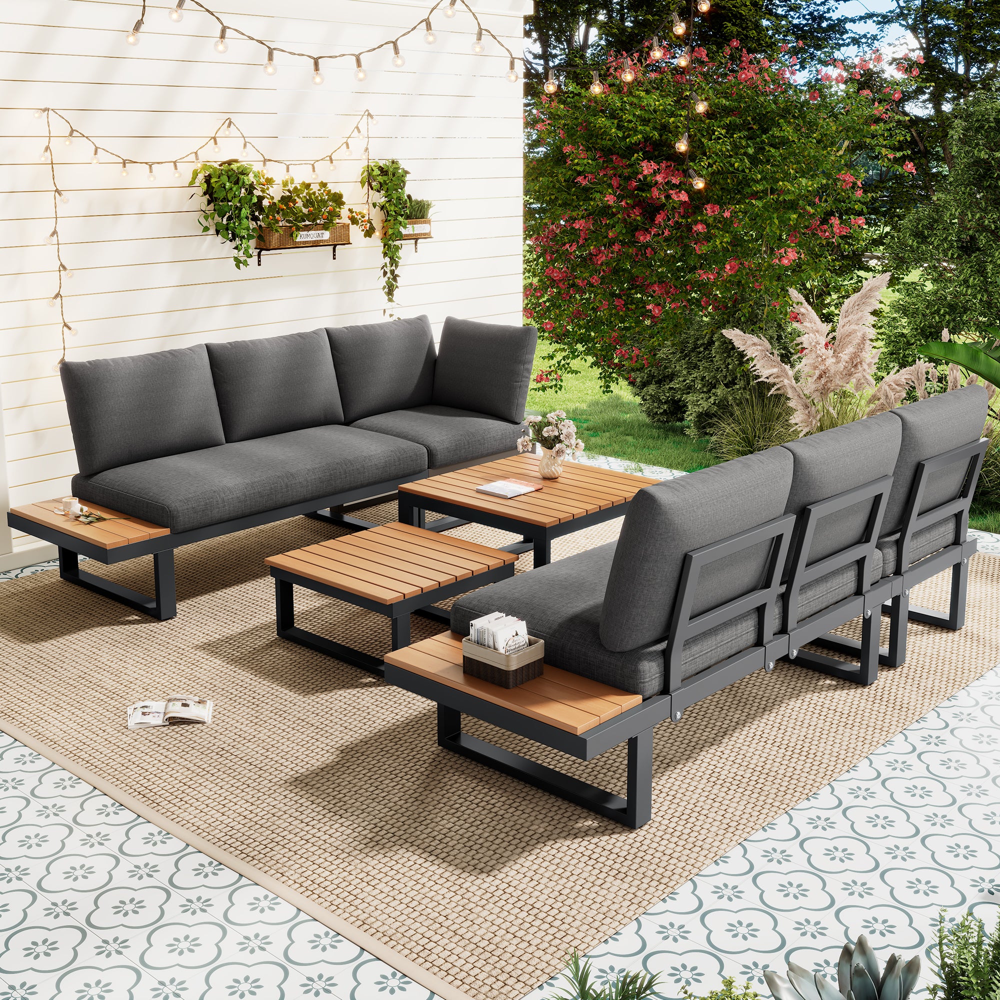 Salon de jardin inclinable en acier galvanisé 6 places : 2 canapé 3 places + 2 tables basses carrées - Gris et noir - 2