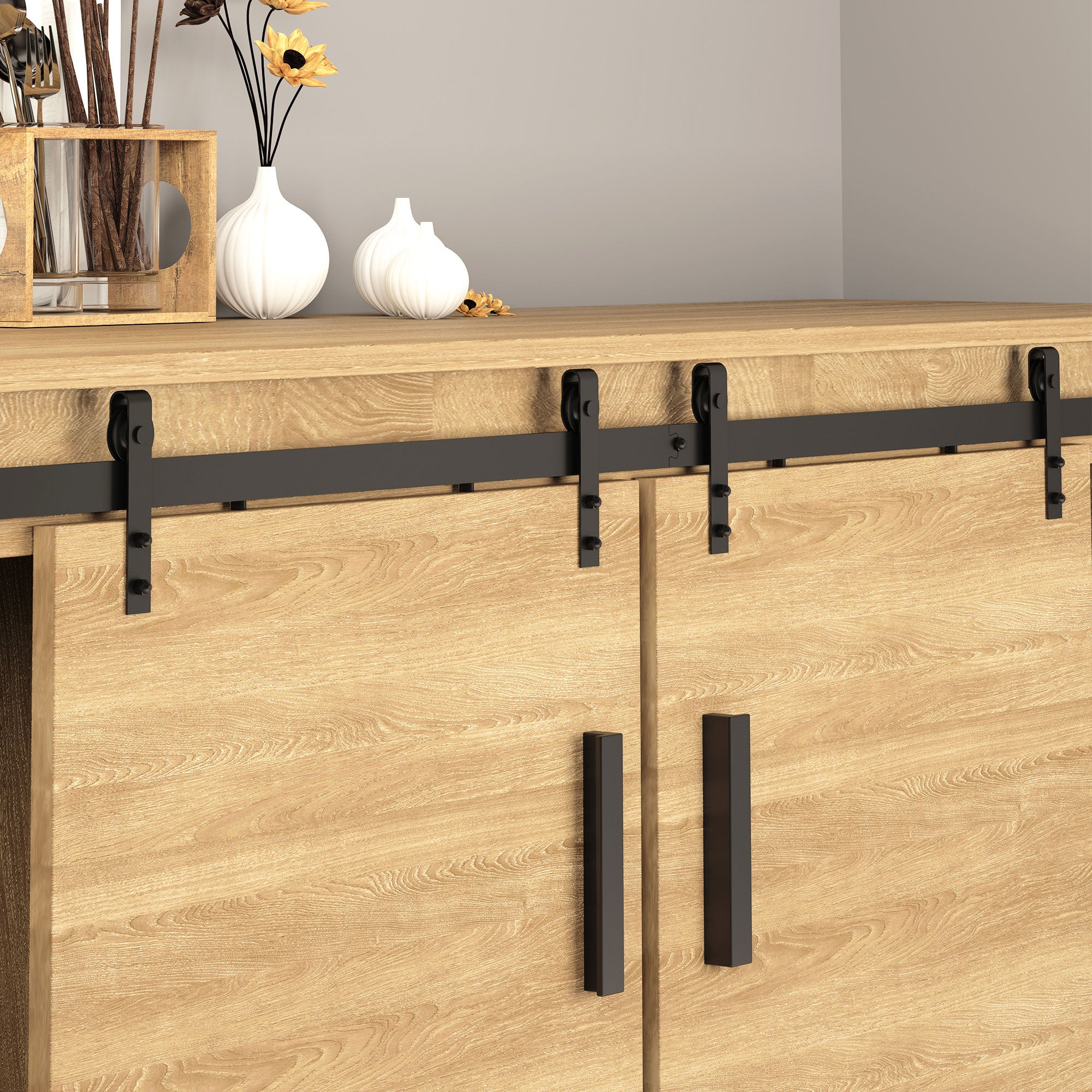 Zestaw montażowy do podwójnych drzwi przesuwnych z drewna, szyna ze stali węglowej w kolorze czarnym, 183 x 0,6 x 18 cm, udźwig 45,3 kg - 5