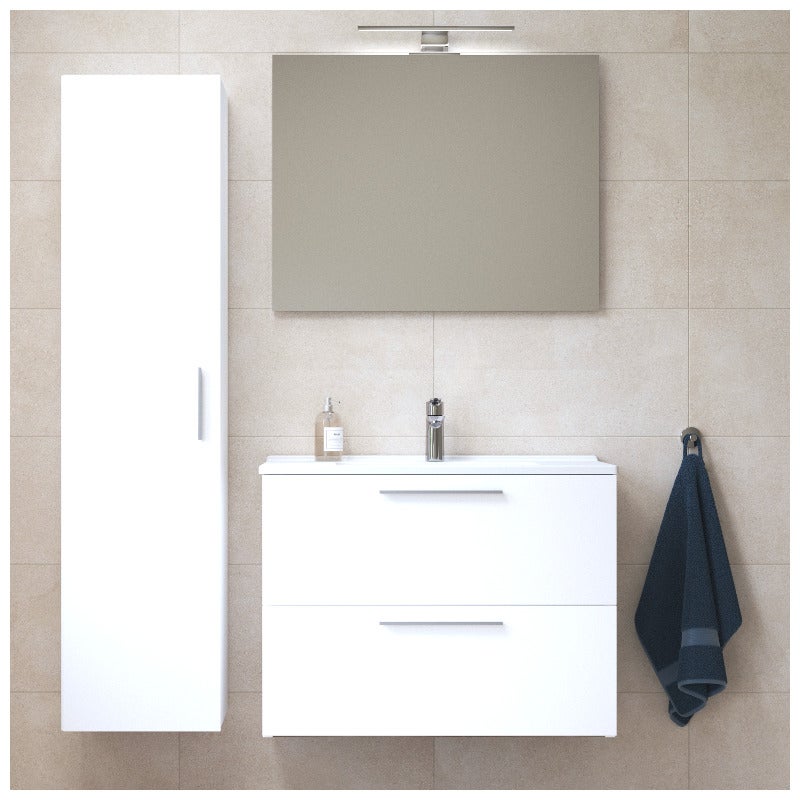 Mia set mueble 79x61x39,5 cm con espejo, lavabo, iluminación led + armario 145x35x35cm para baño, blanco alto brillo