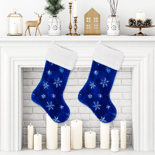 LINGMIN Calza Della Befana O Calza Natalizia Gigante Blu A Maglia, 45 Cm, Con Ricamo Di Animali (Cani, Pecore), Da Appendere Al Camino, Regalo Decorativo