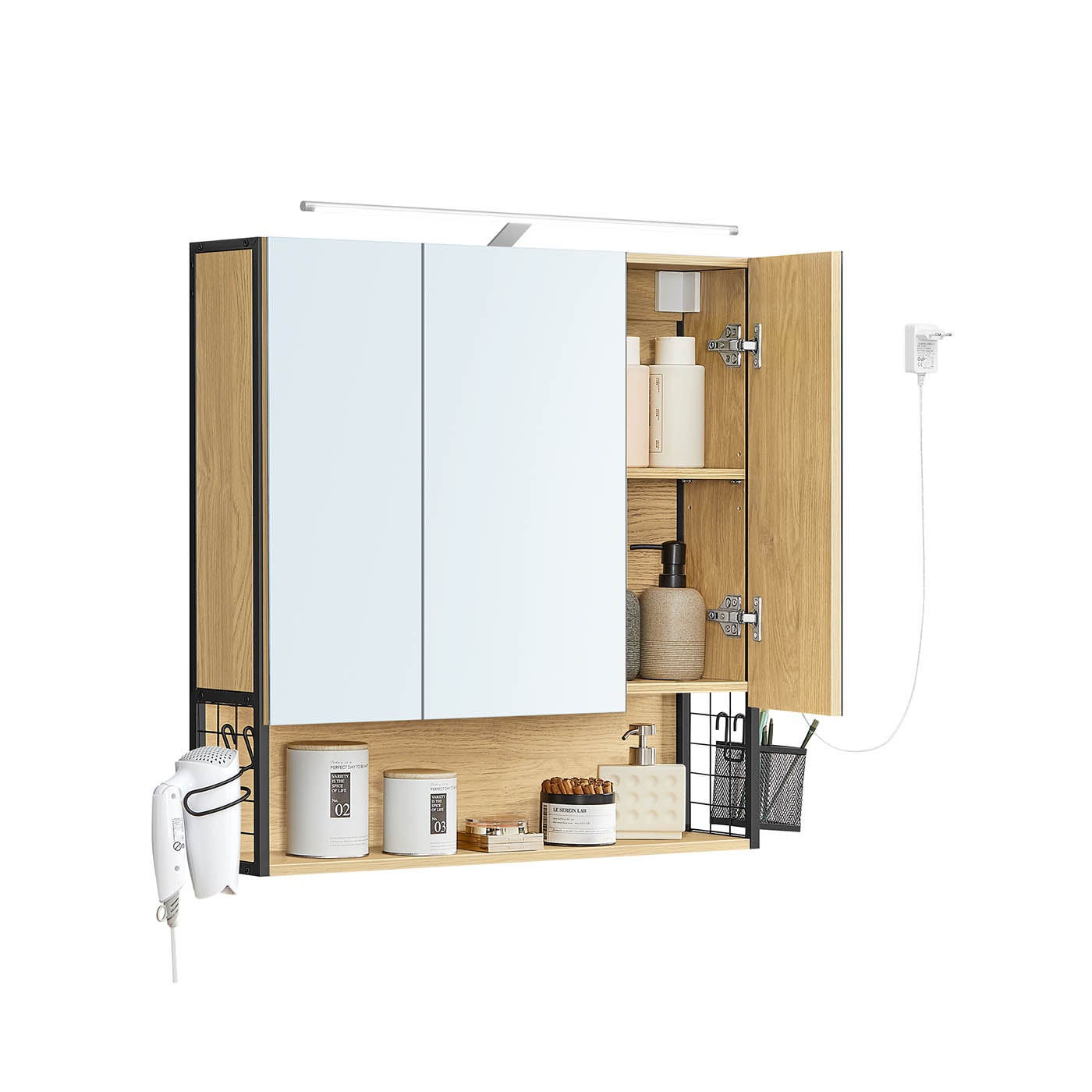 Genérico Armario Espejo Baño 3 Puertas Barra Led Cesta Colgante 20 Kg - Roble - Imagen 3