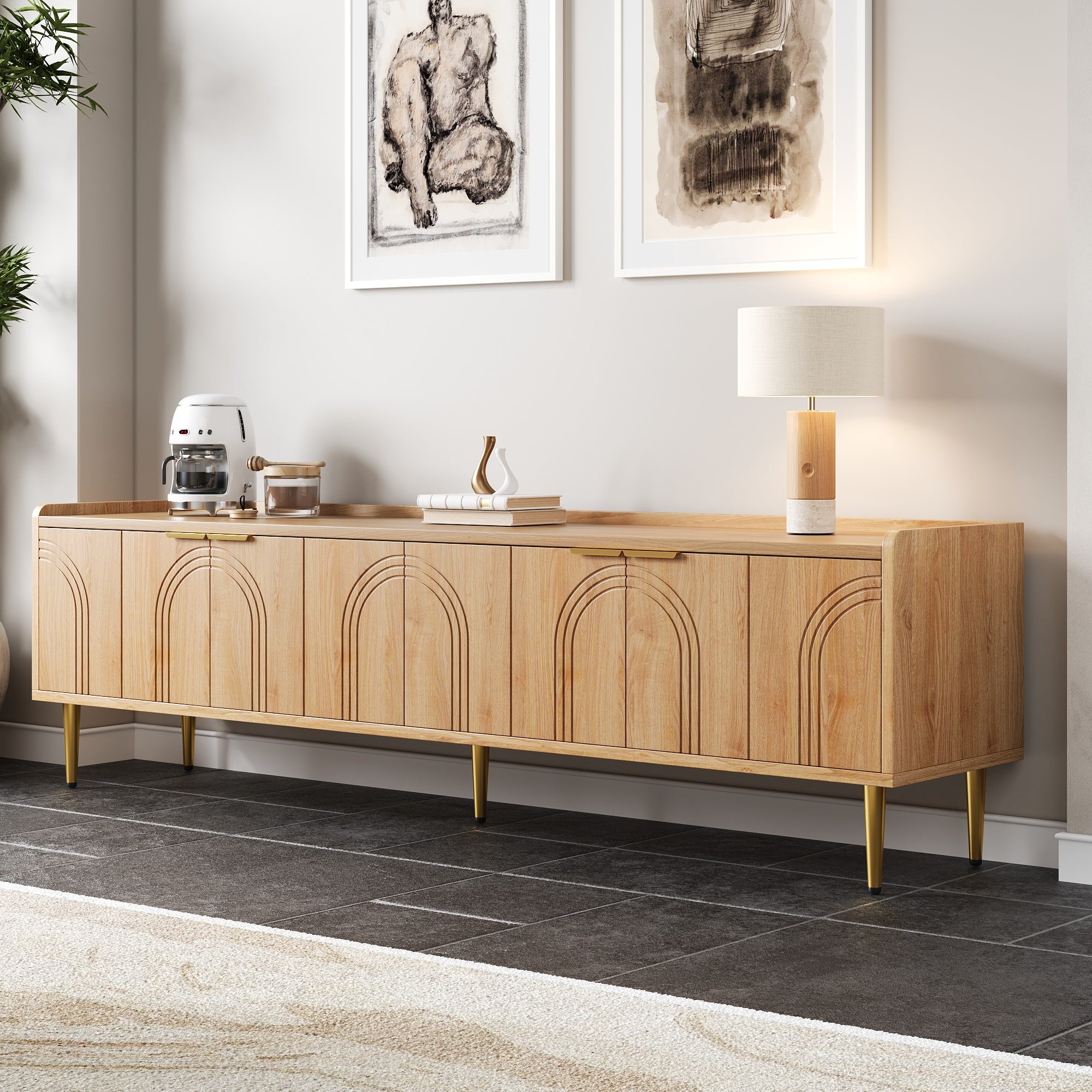 Mobile TV 170x35x47.5cm moderno scultoreo linee tridimensionali MDF naturale - 9