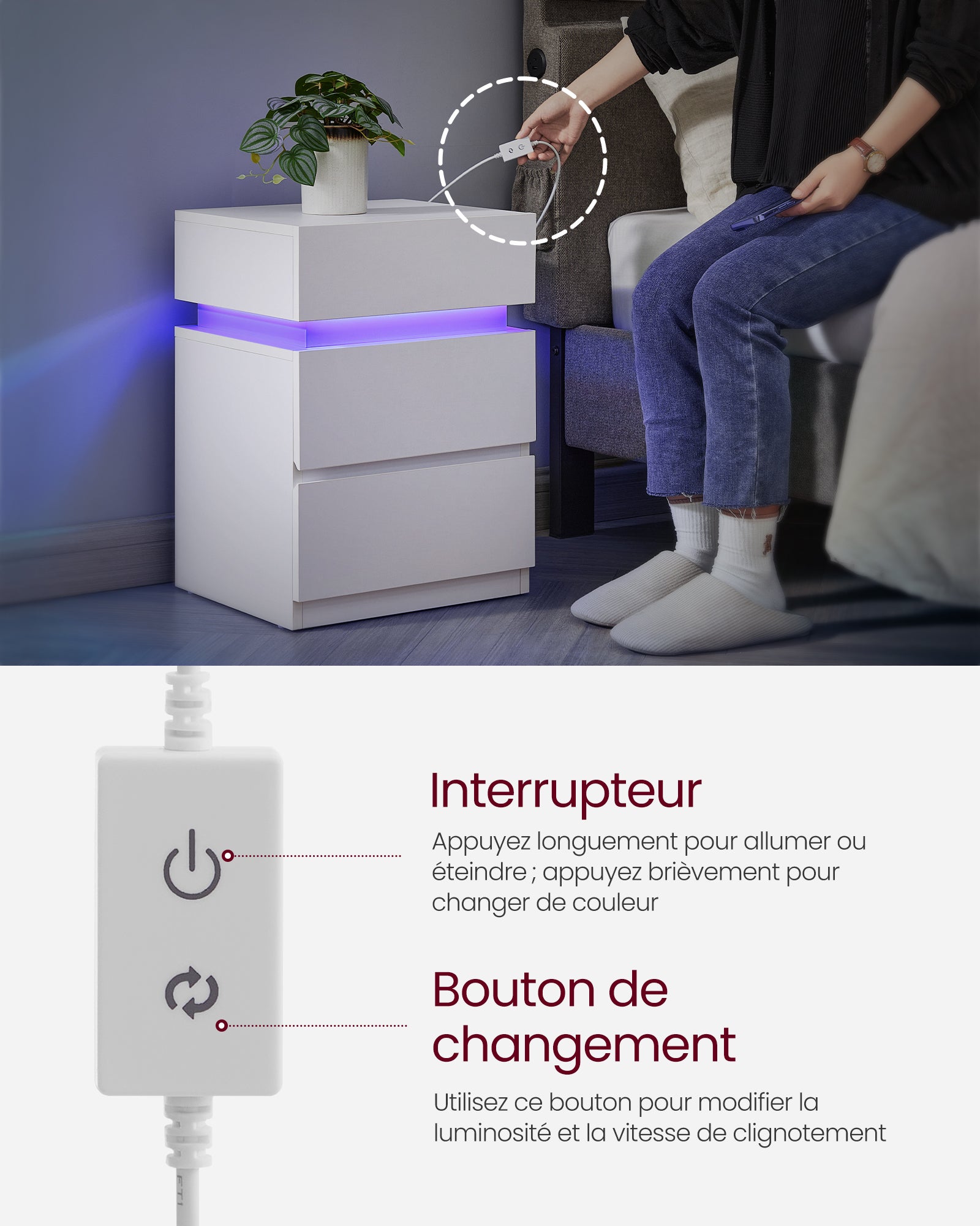 Table de Chevet, Lot de 2, avec Bande LED Multicolore Réglable, 3 Tiroirs, Table d’Appoint de Style Moderne, 35 x 40 x 55 cm, Blanc - 7
