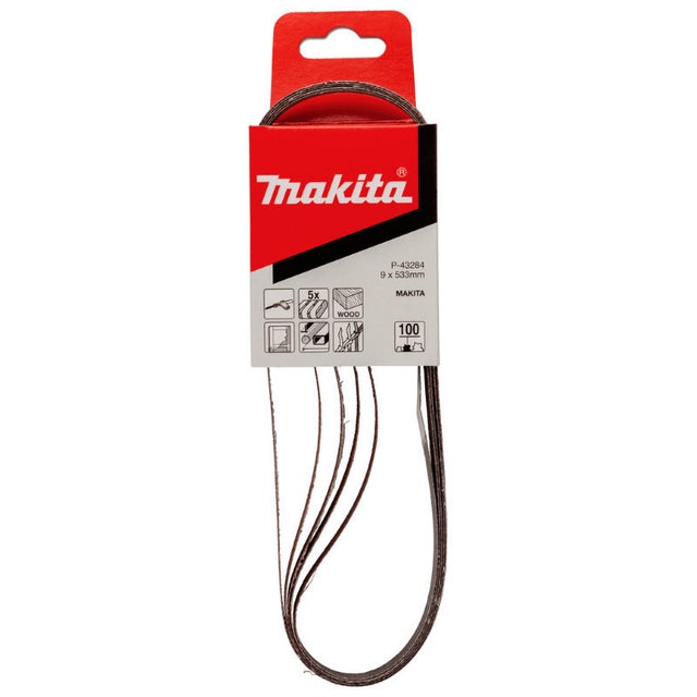 Bandes abrasives 9x533mm rouge pour bois métal grain 100 (5pcs) - MAKITA P-43284