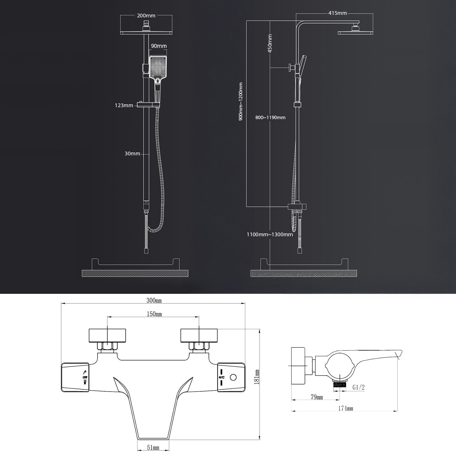 Colonne de Douche Noir avec Mitigeur Thermostatique Cascade, Ensemble Douche en Laiton pour Baignoire, Hauteur Réglable Sans Percement Supplémentaire - 8