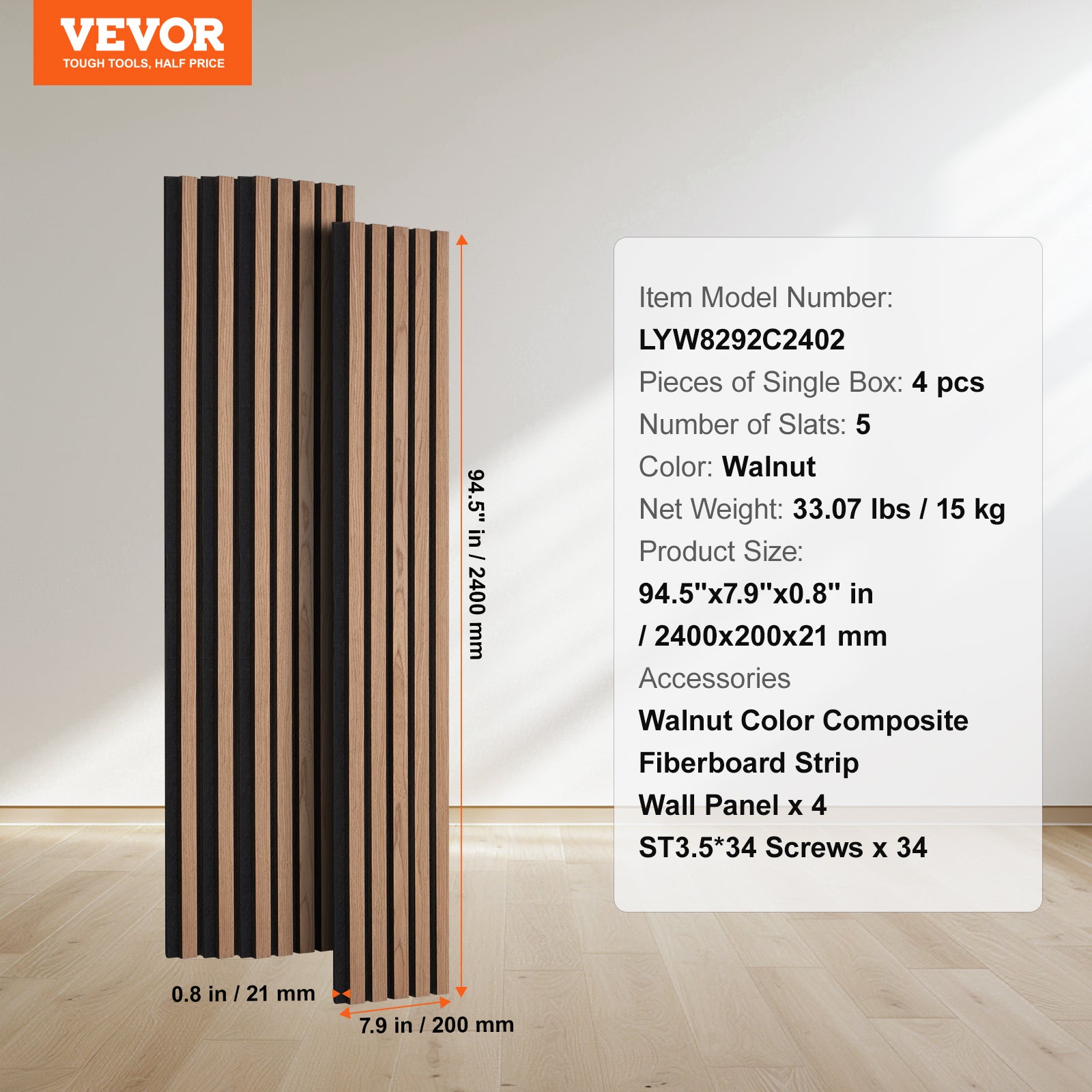 Panneaux Acoustiques en Bois,VEVOR 2400 x 200 mm,Lamelles MDF pour Mur Intérieur Moderne,Panneaux Faux Bois pour Décoration & Réduction du Bruit - 7