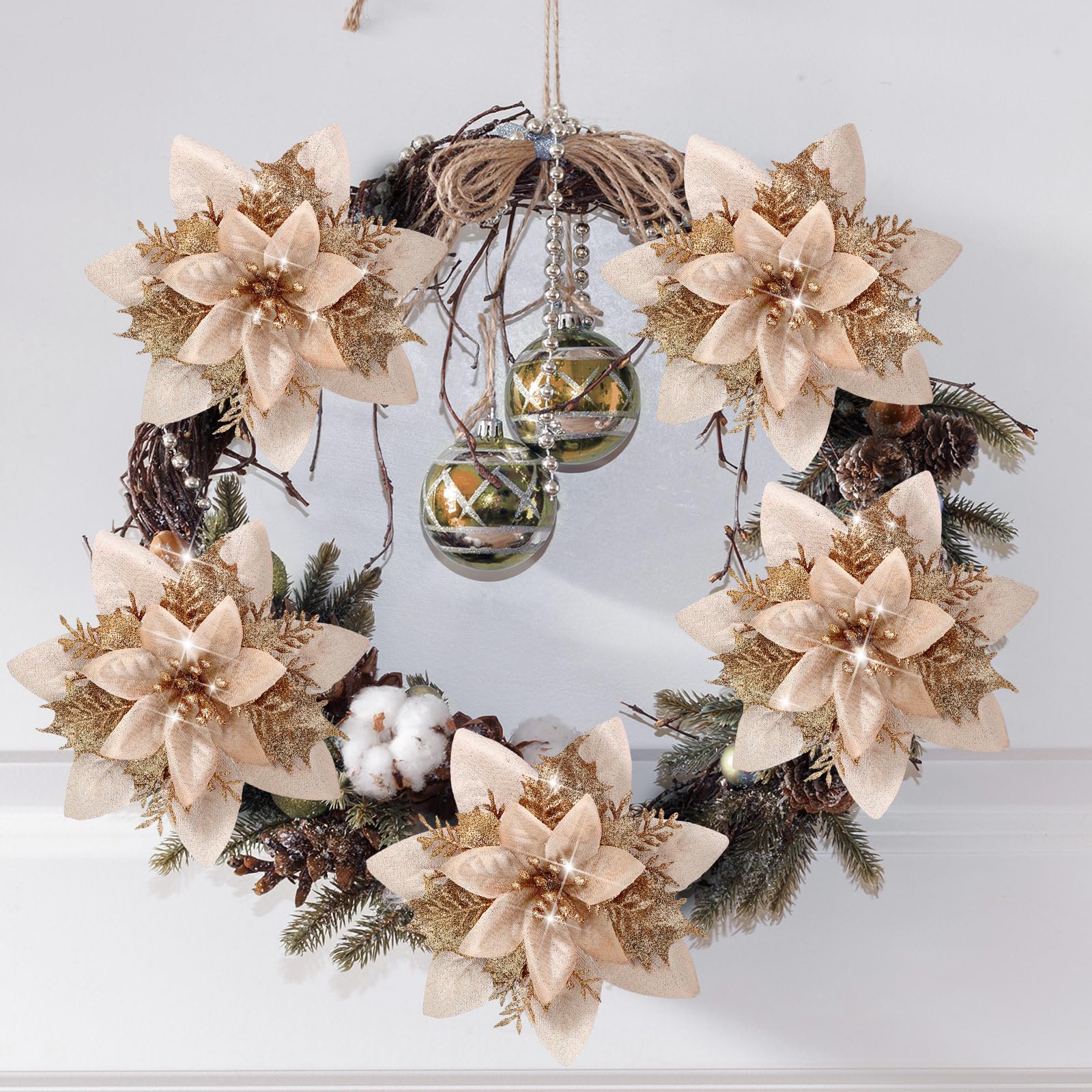 Lot de 50 décorations de Noël, fleurs artificielles scintillantes avec clips, décorations pour sapin de Noël, pendentifs de fleurs artificielles - 6