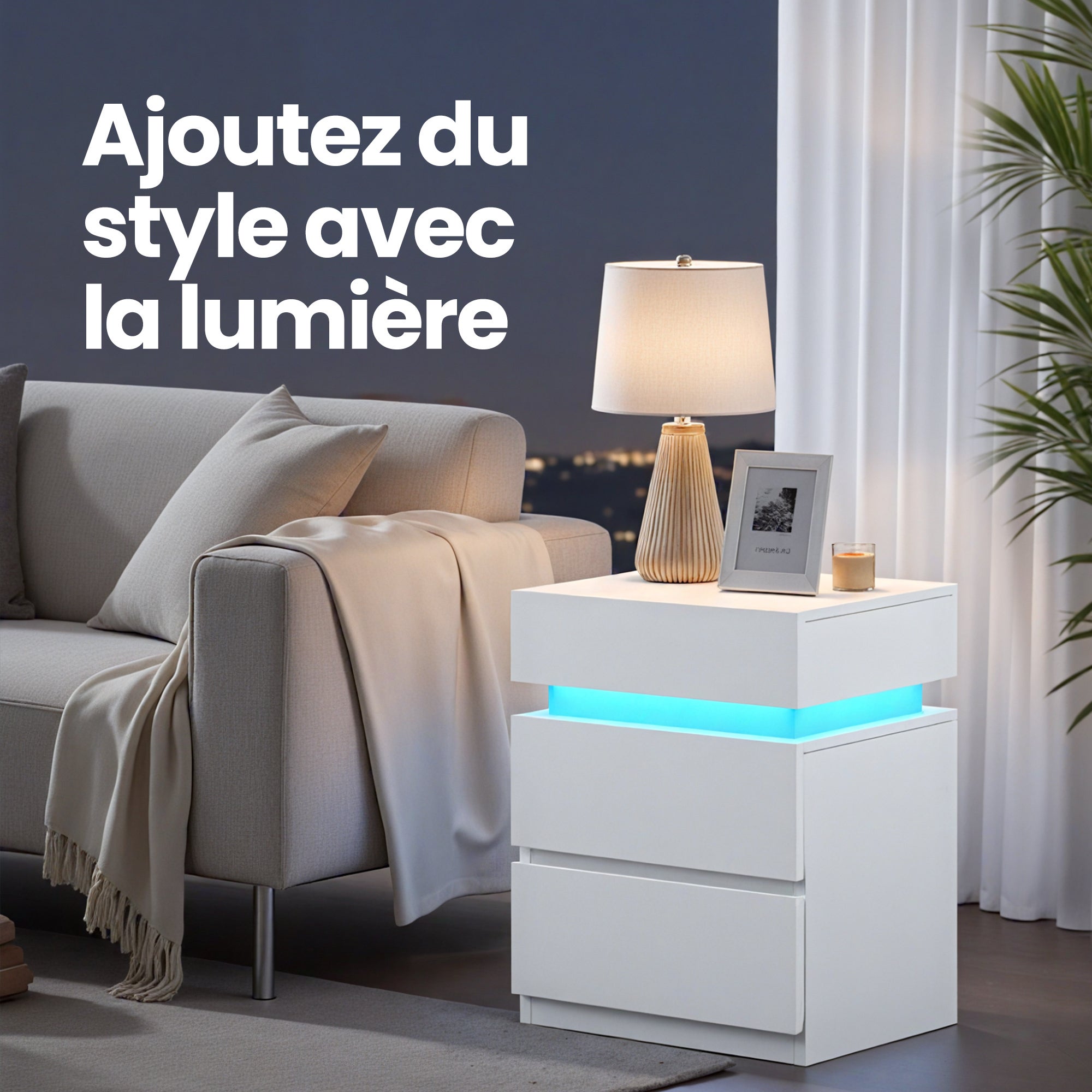 Table de Chevet avec Éclairage LED, Lot de 2, avec 3 Tiroirs, pour Chambre, Moderne, 35,1 x 40,1 x 55,1 cm, Blanc - 3