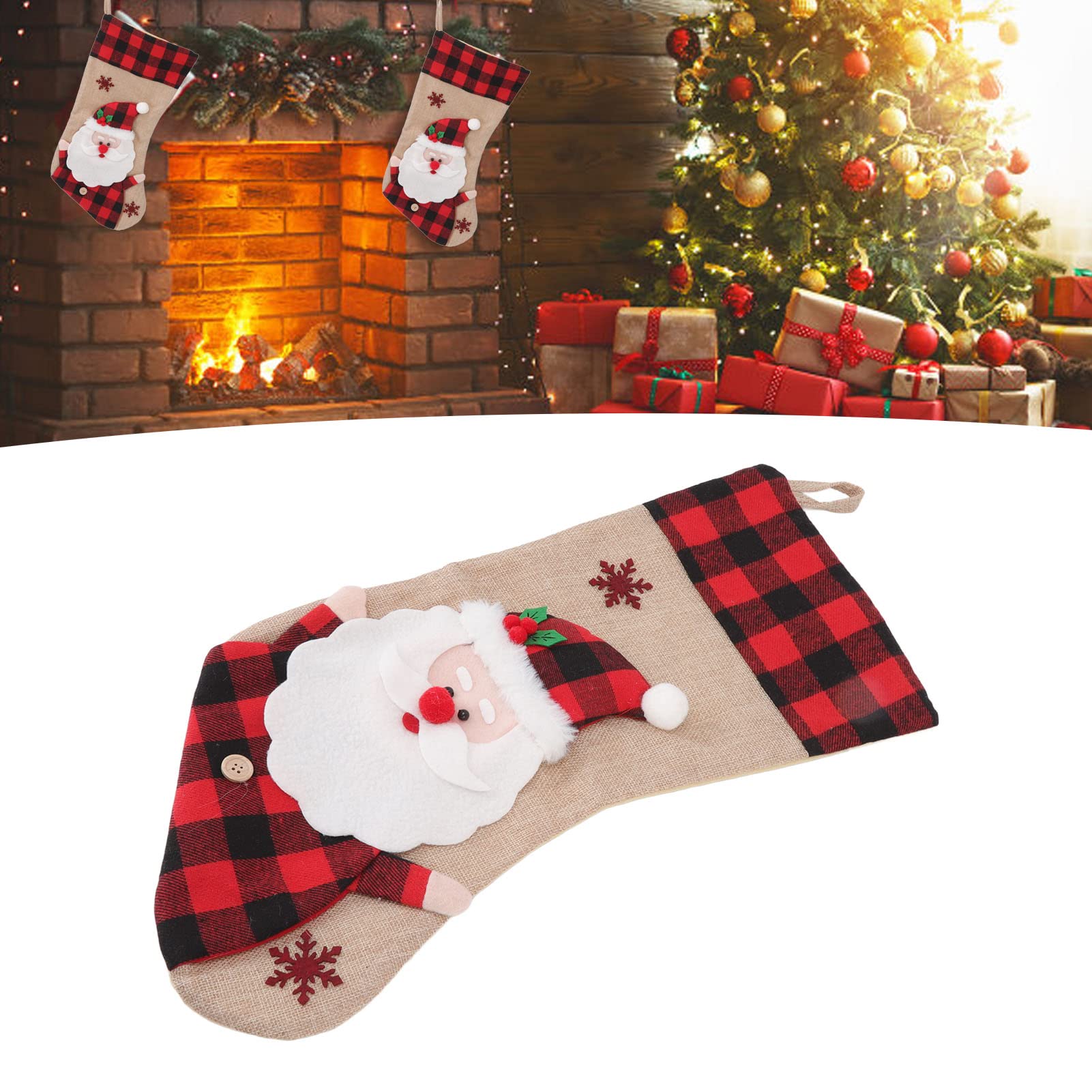 Decoração de Natal, Meia de Natal Xadrez Vermelha Padrão 3D Pendurado Natal - 2