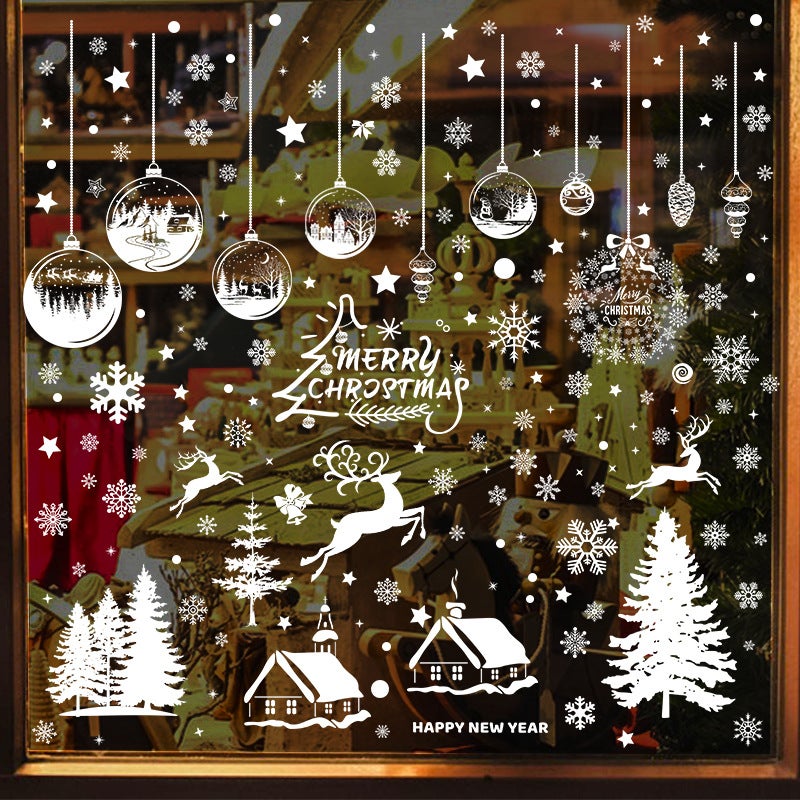 4Feuilles Autocollant Fenêtre Amovible Noël Sticker Electrostatique "Merry Christmas" Motif Boule Etoile Doré Décoration Vitrine Porte Verre
