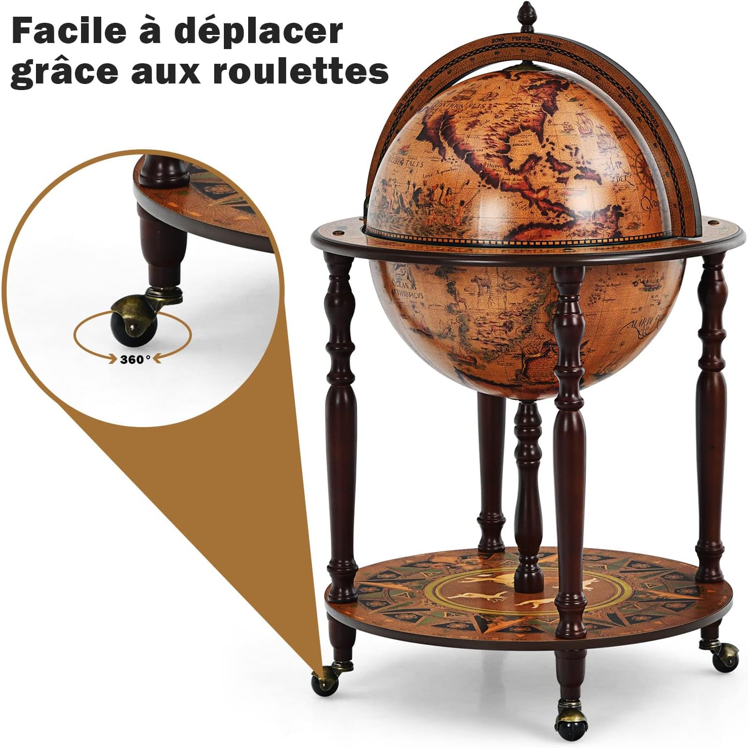 Bar Globe Terrestre Mappemonde a Vin en Bois Rack,Cabinet Globe Italien du 16e Siecle avec 4 Pieds,Porte-Bouteille Mini Bar, (Marron) - 7