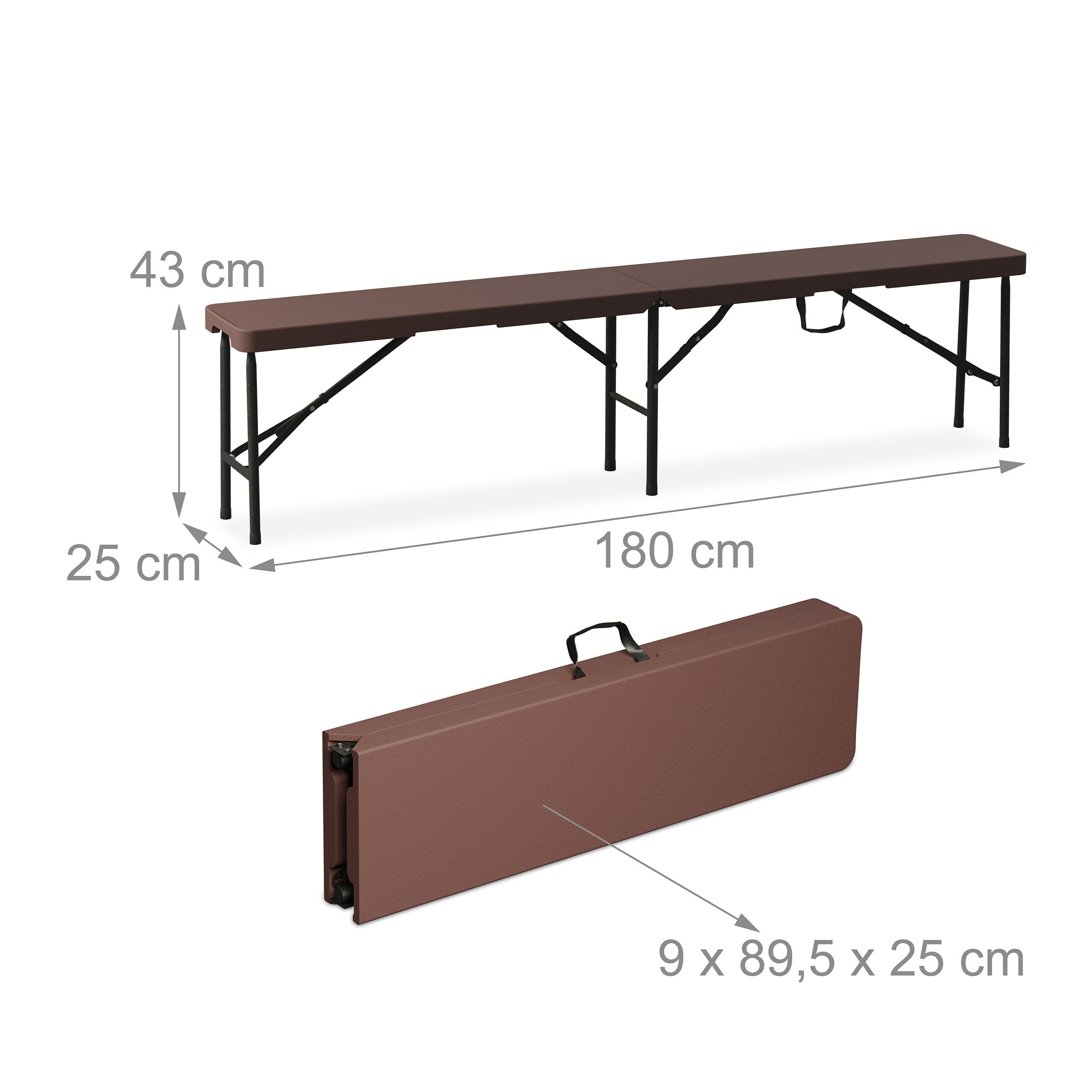 Conjunto de cervejaria dobrável, 3 peças, mesa de 180 cm e 2 bancos, PE e aço, para jardim, castanho, Relaxdays - 5