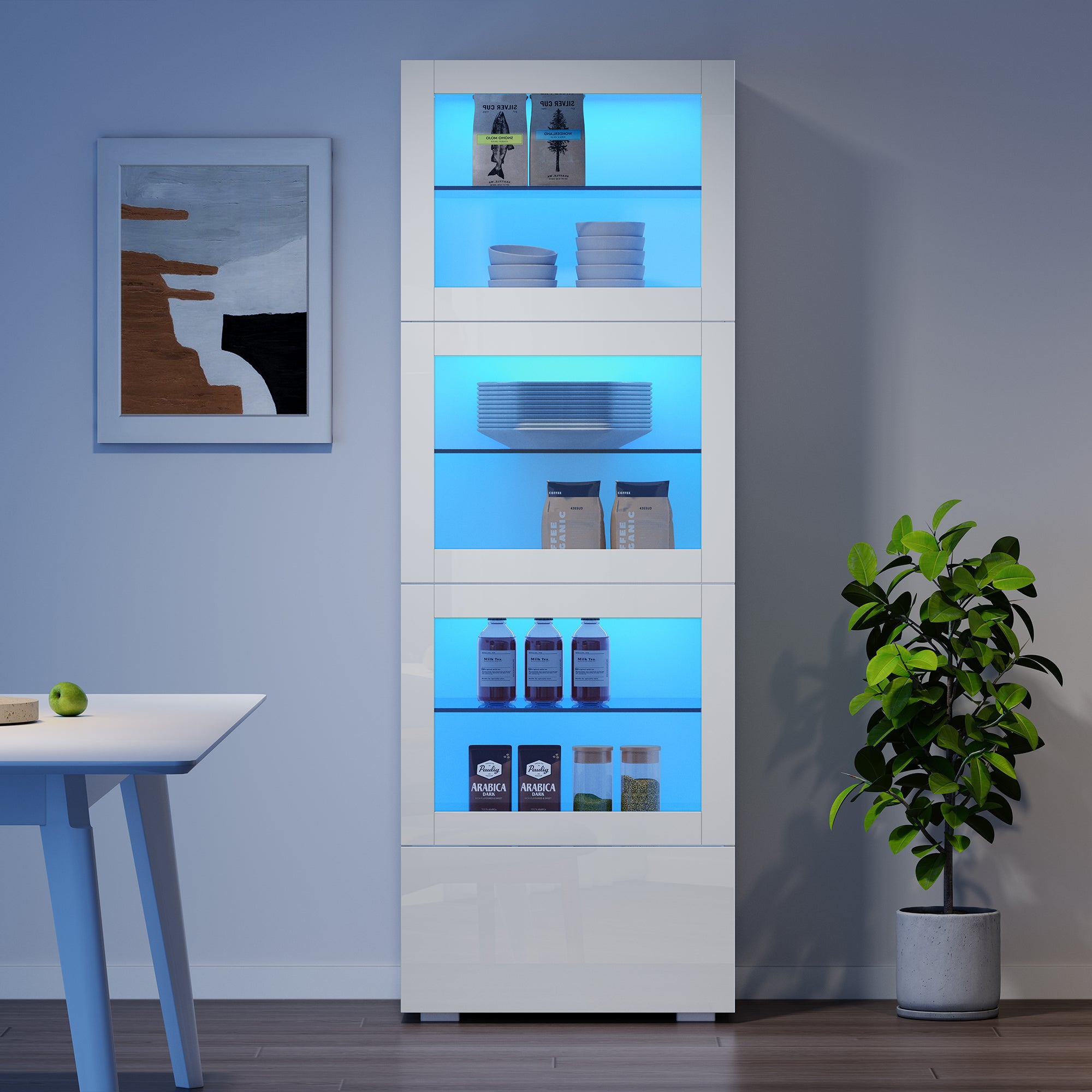 Witryna z 1 drzwiami akrylowymi i 1 szufladą - 60 x 40 x 173 cm - diody LED - płyta MDF i 3 szklane półki - biała