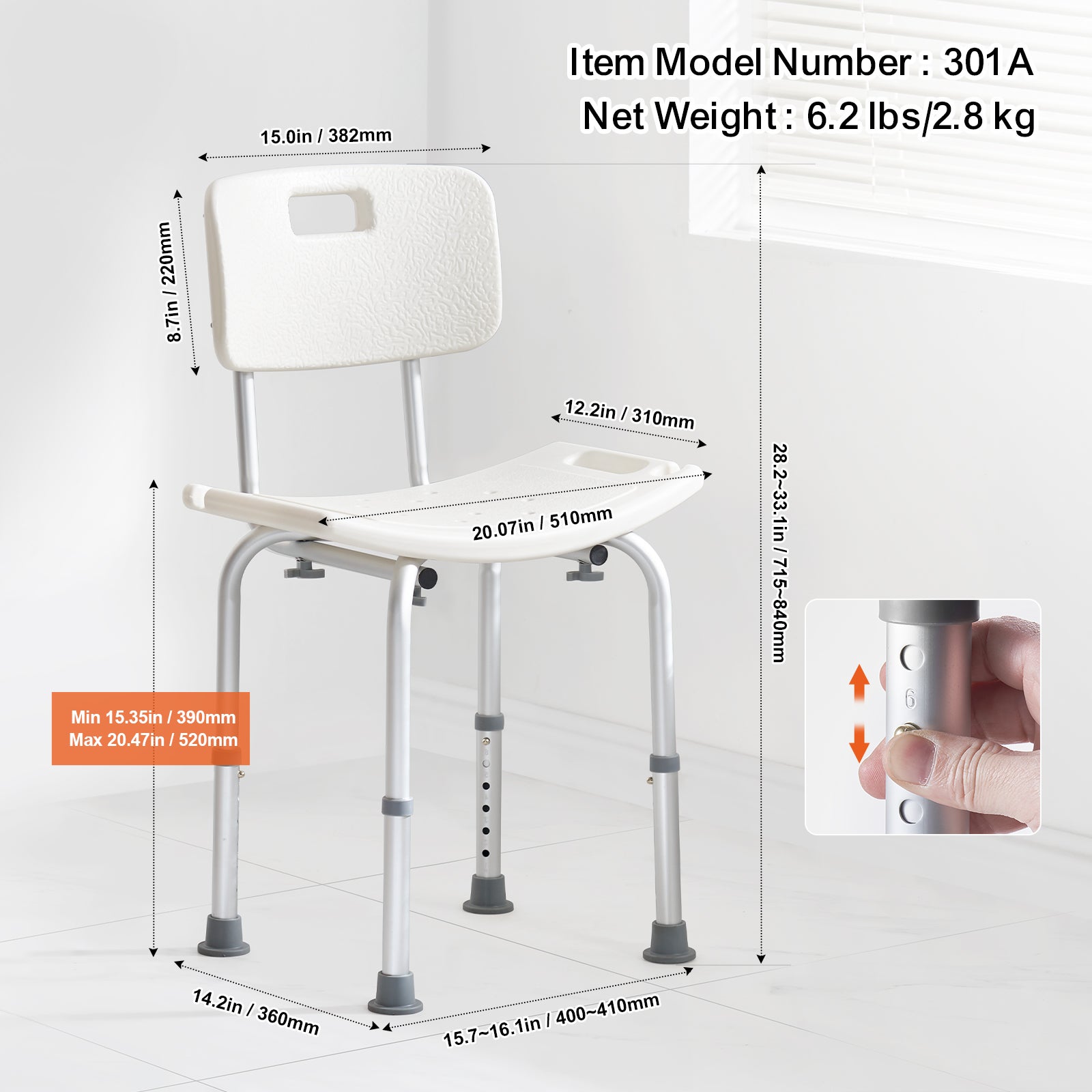 Silla de ducha con respaldo,SucceBuy asiento de ducha ajustable en altura,banco antideslizante,capacidad de 158,8 kg - 8