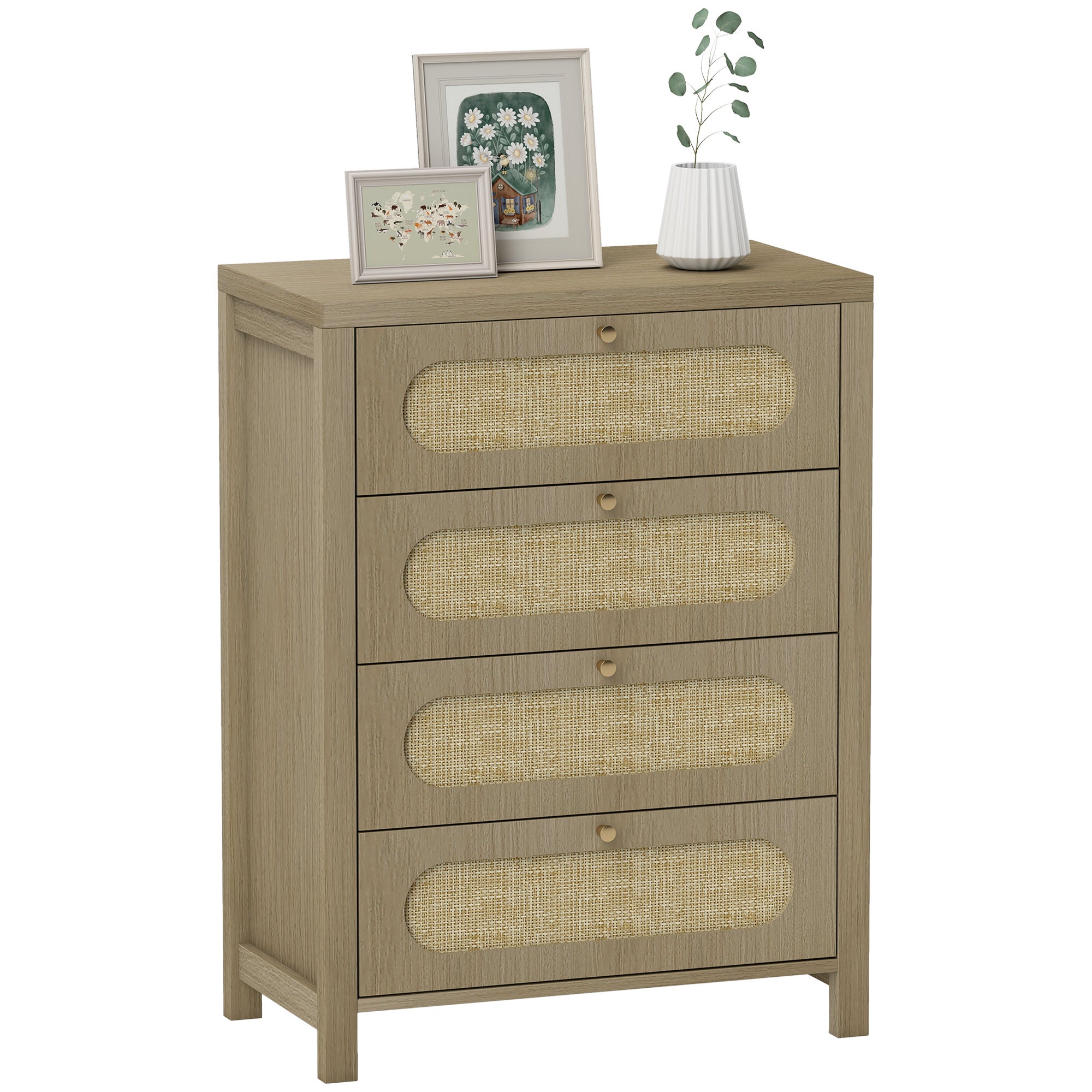Komoda z 4 szufladami i schowkami w stylu boho, z drzwiami z plecionej żywicy, 70 x 38 x 93 cm, imitacja naturalnego drewna