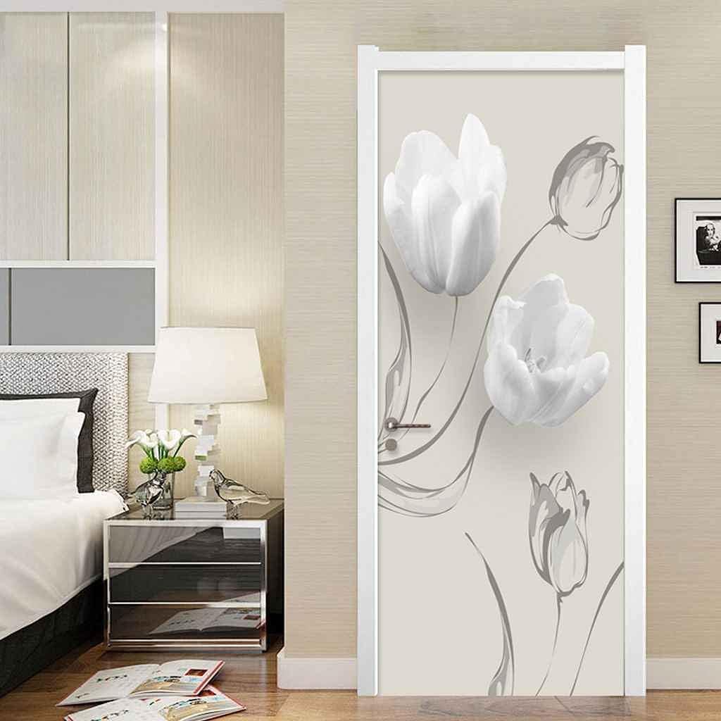 Naklejka na drzwi z efektem 3D, dekoracyjne białe kwiaty, sztuka ścienna do wnętrz, modne naklejki na drzwi do łazienki i kuchni, 77 x 200 cm