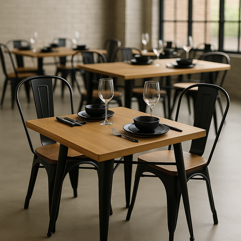 Set tavolo e sedie in stile industriale, metallo nero opaco e legno naturale, 120x80 cm - Design Factory - 2