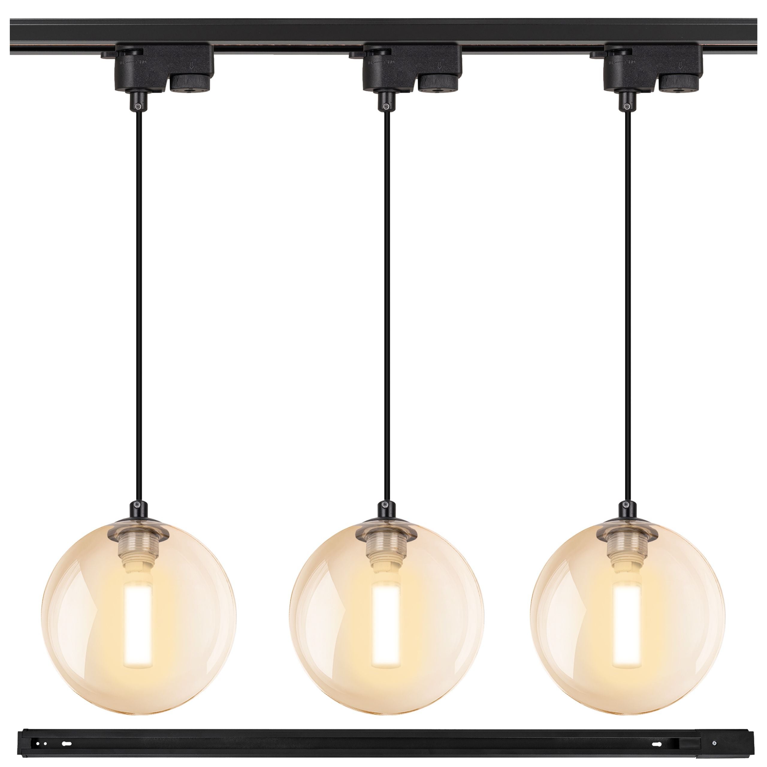 Lampa szynowa wisząca 3x BURSZTYNOWA KULA klosz G9 + Listwa szynoprzewód 1m Oprawa szklana z kablem OZDOBNA - LEDHOFF
