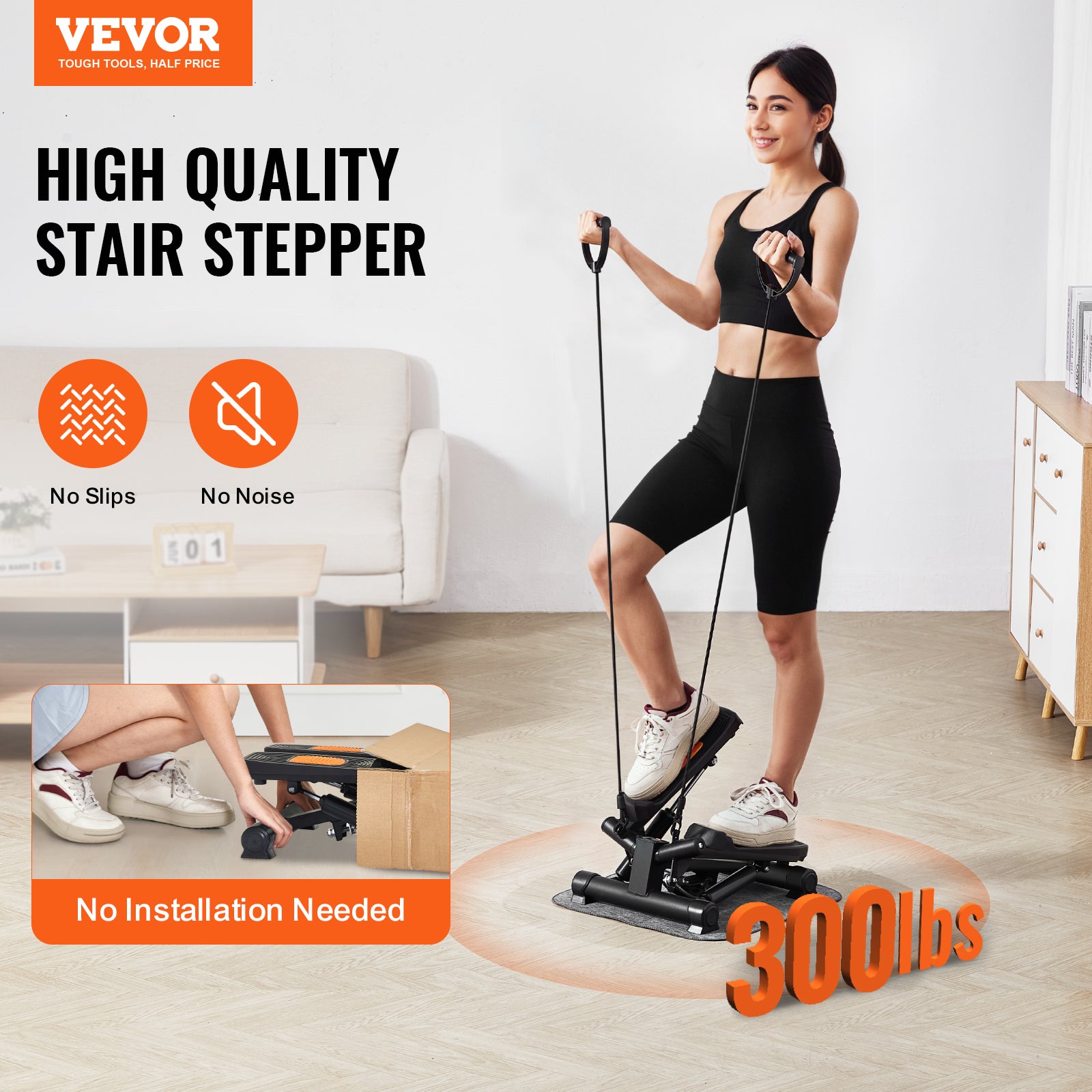 PORTENTUM Mini stepper fitness casa con bande di resistenza e schermo LCD 5 funzioni - Step 3-in-1 per gambe, glutei e braccia - Intensità regolabile - Attrezzi palestra compatti e facili da