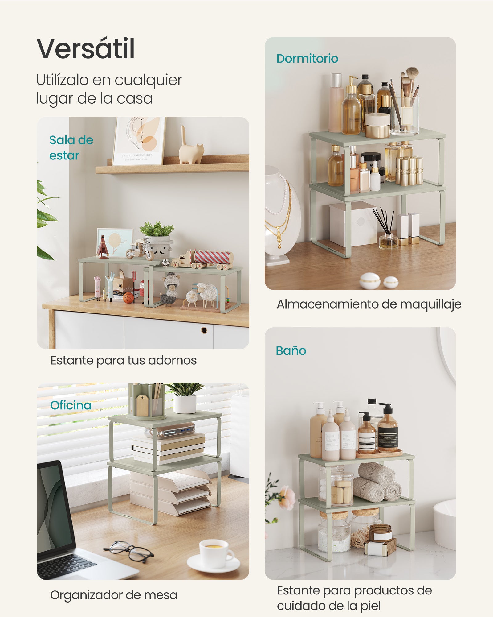 Estante para Especias, Juego de 2, Organizador de Armario, Especiero de Cocina Extensible, Beige - 7