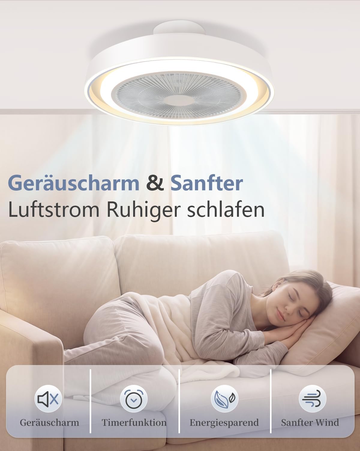 NETTLIFE Ventilateur de plafond avec éclairage LED et télécommande - Lampe plafonnier moderne, silencieux, dimmable, 5 pales lumineuses - 4