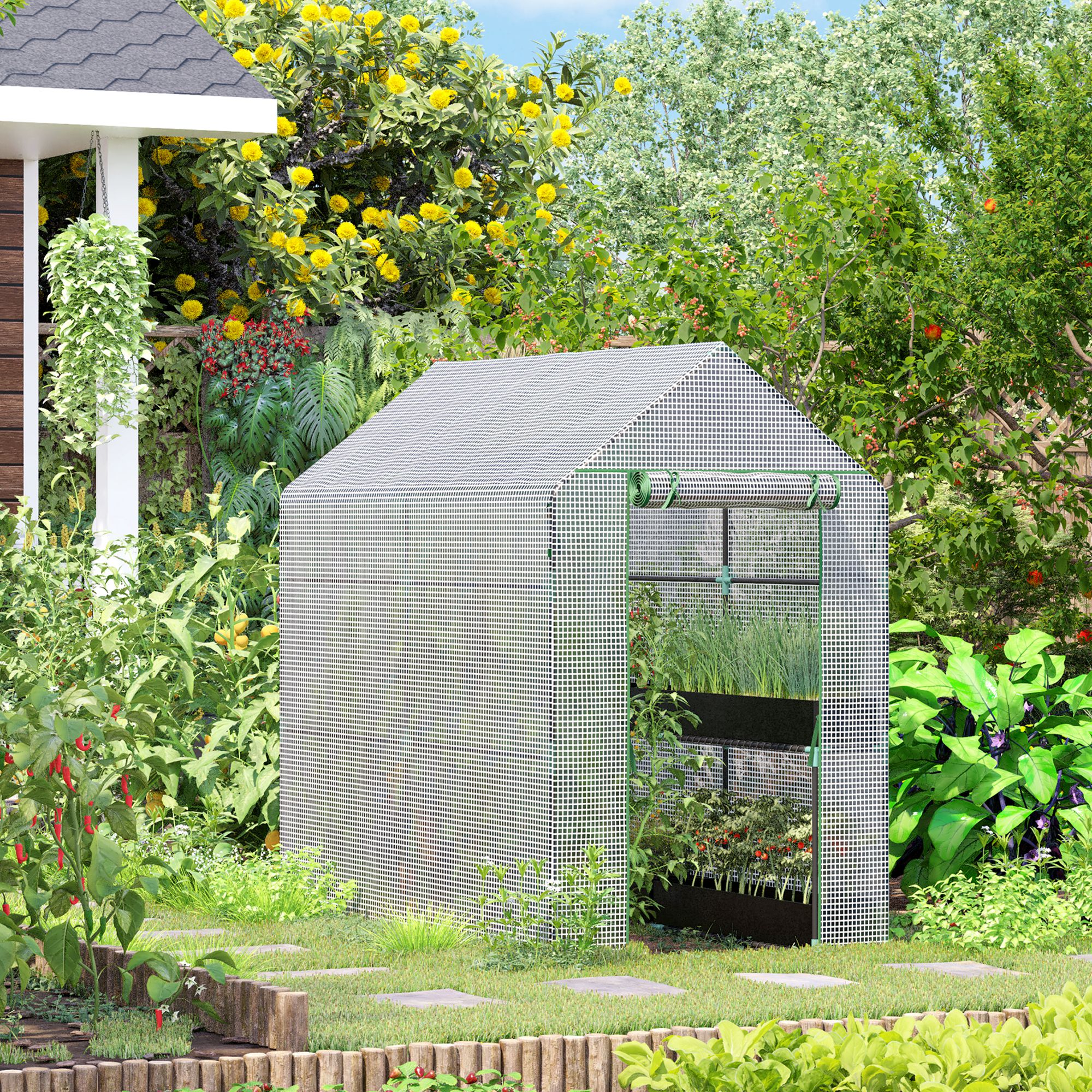 Serre de jardin PE avec étagère 2 niveaux,serre de balcon,bâche renforcée 140g/m²,châssis en acier,porte zippée enroulable,186x120x190cm,blanc - 3
