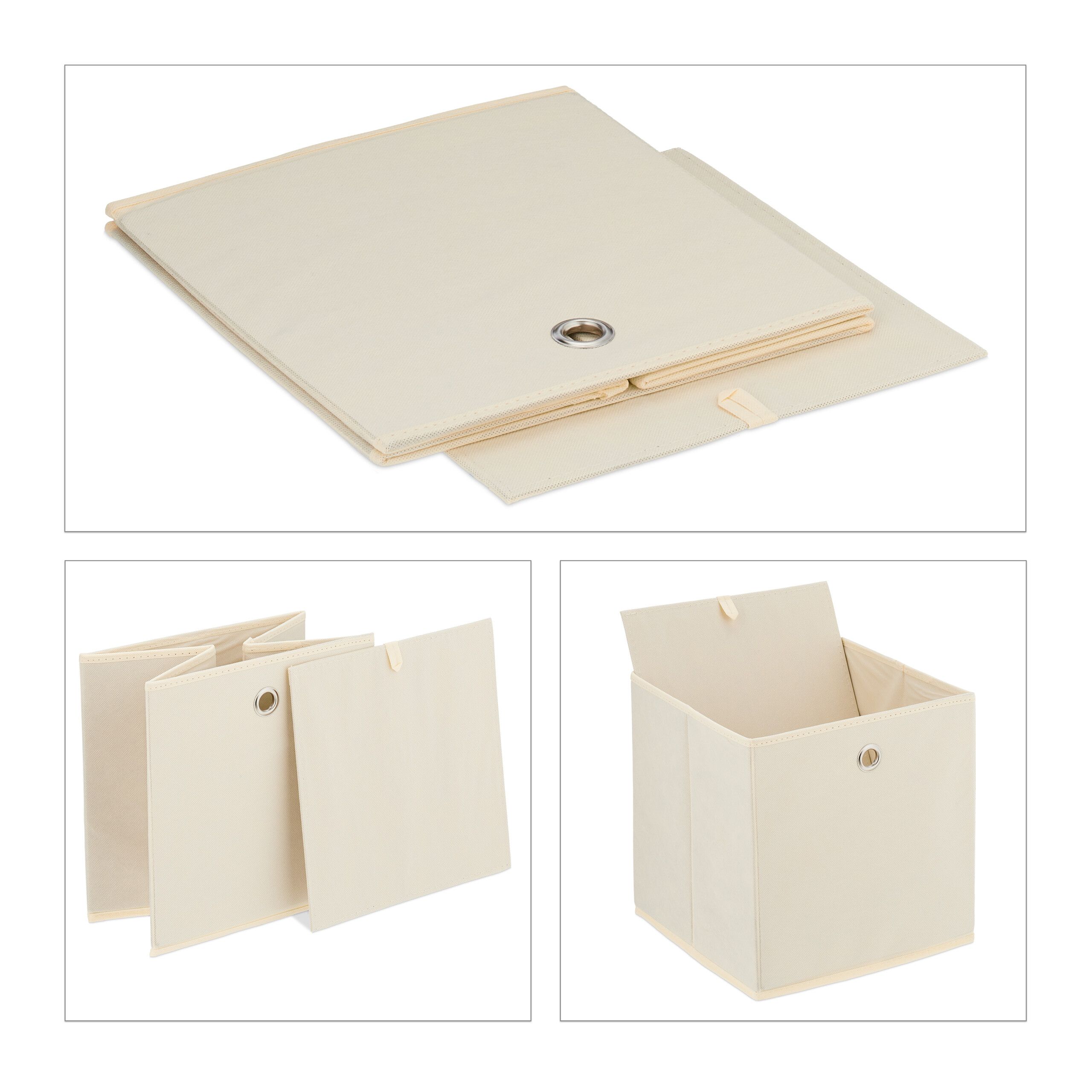 Boîtes de rangement, lot de 4, pliables, H x L x P : 30 x 30 x 30 cm, œillet, caisses pliables, beige, Relaxdays - 6