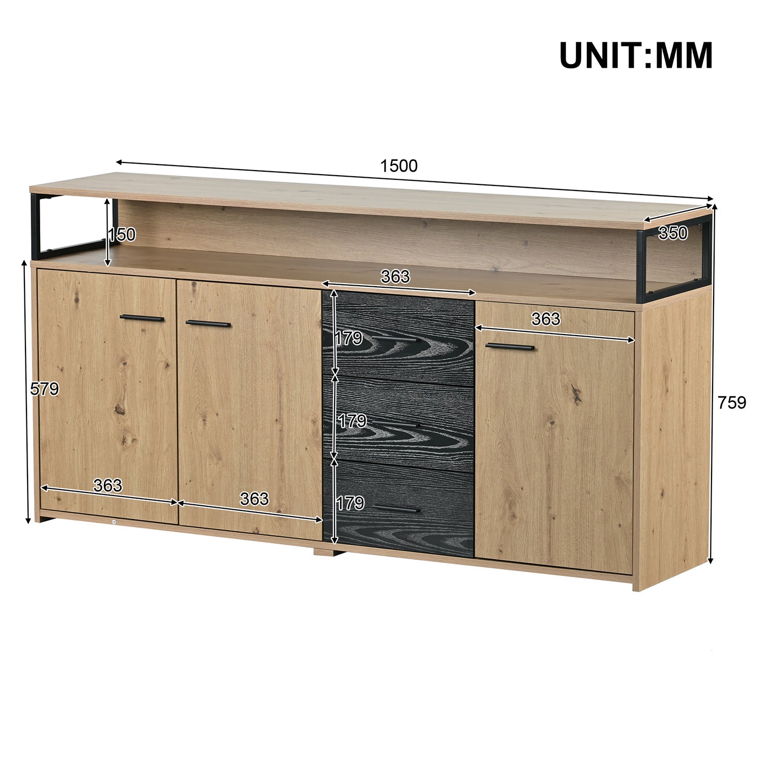 Credenza bassa - 3 ante e 3 cassetti - stile industriale - Naturale e Nero - 5