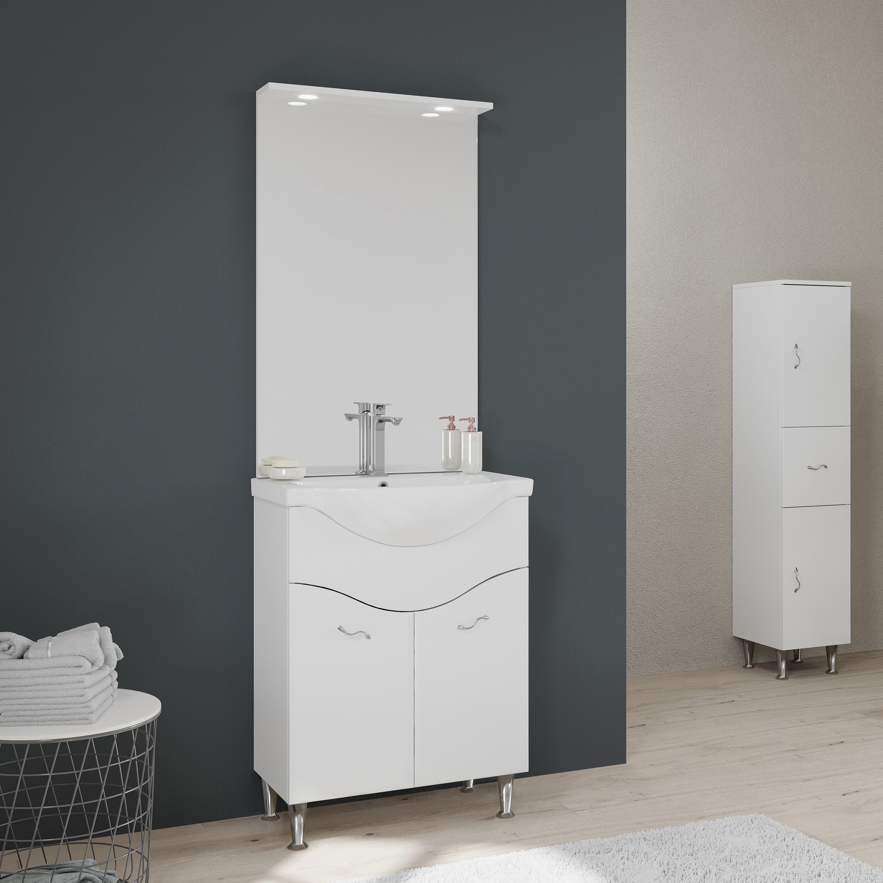 Mueble de baño de suelo 65cm 2 puertas, espejo con led blanco brillante | easy