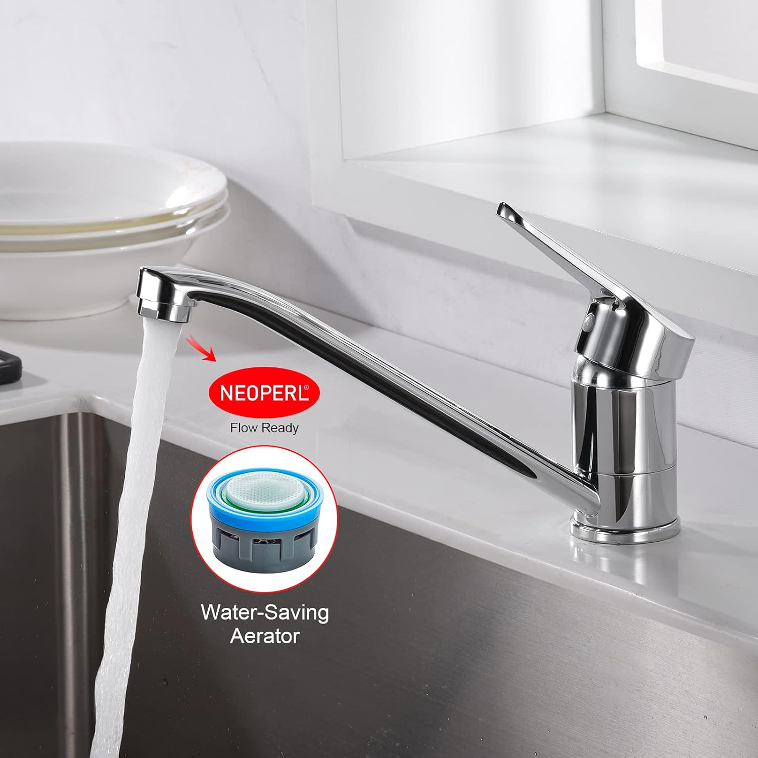 Robinet mitigeur d'évier, robinet de cuisine à levier unique, robinet mitigeur de cuisine rotatif à 360 °, tuyaux d'eau chaude et froide complets - 5