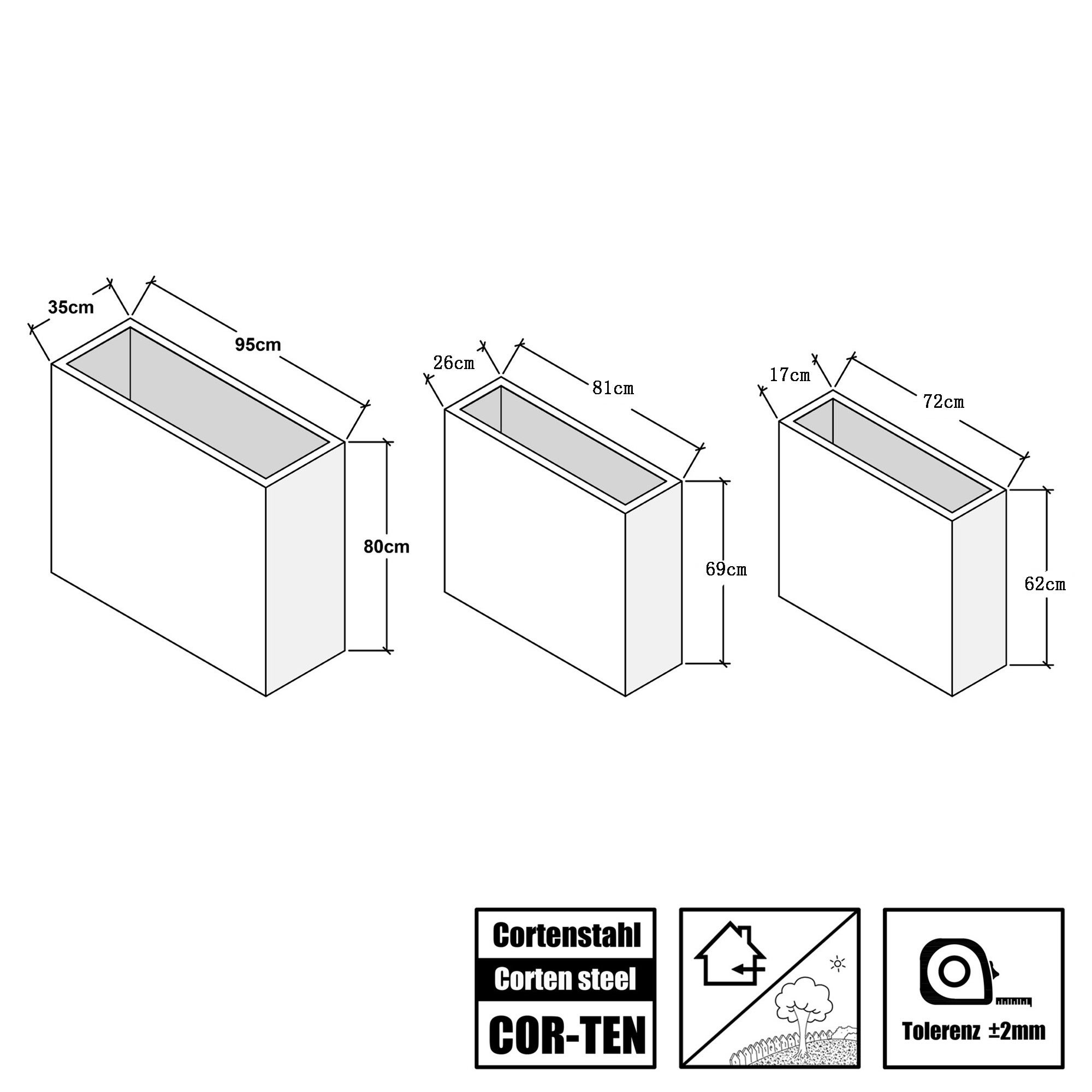 Köhko® Parterre surélevé design Acier Corten Viva 95 x 35 x 80 cm | bac à plantes brossé mat carré & grand - 5