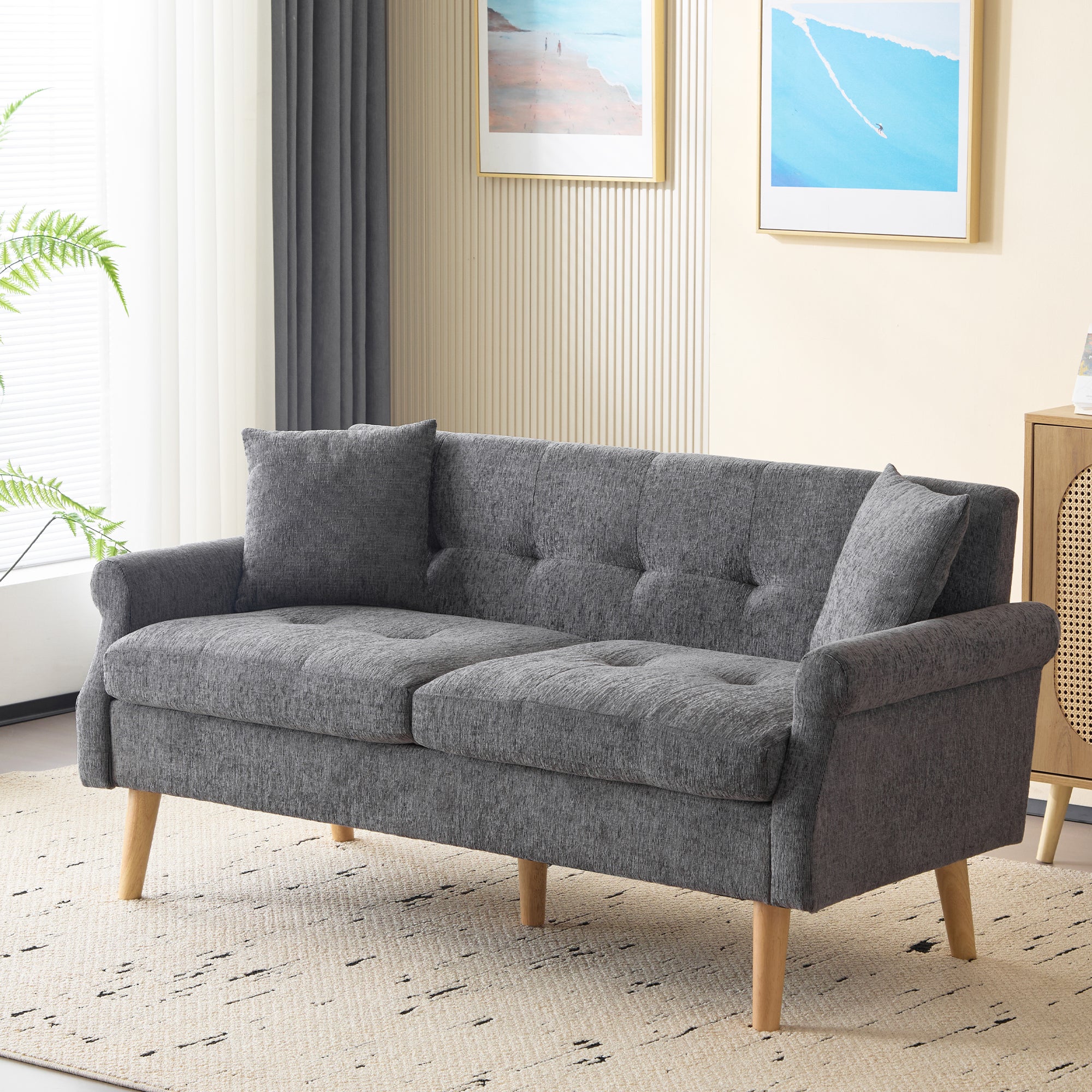 Canapé 2 places en tissu chenille avec coussins épais - 162 x 74 x 77 cm - pour salon, chambre - Gris clair - 3