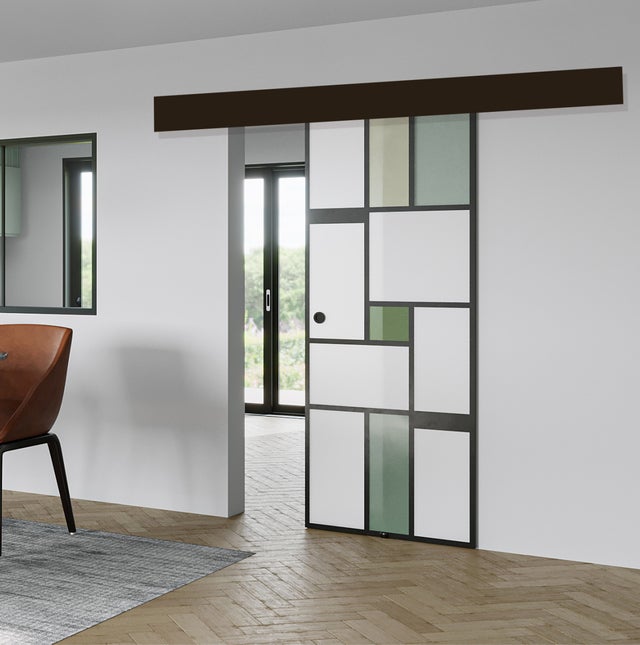 KIT Porte coulissante en verre + Rail à pince couleur Noir Coffrage - MONDO OPAQUE VERTE- H. 204 x L. 83 - Fabrication Française AURYS NORMANDIE