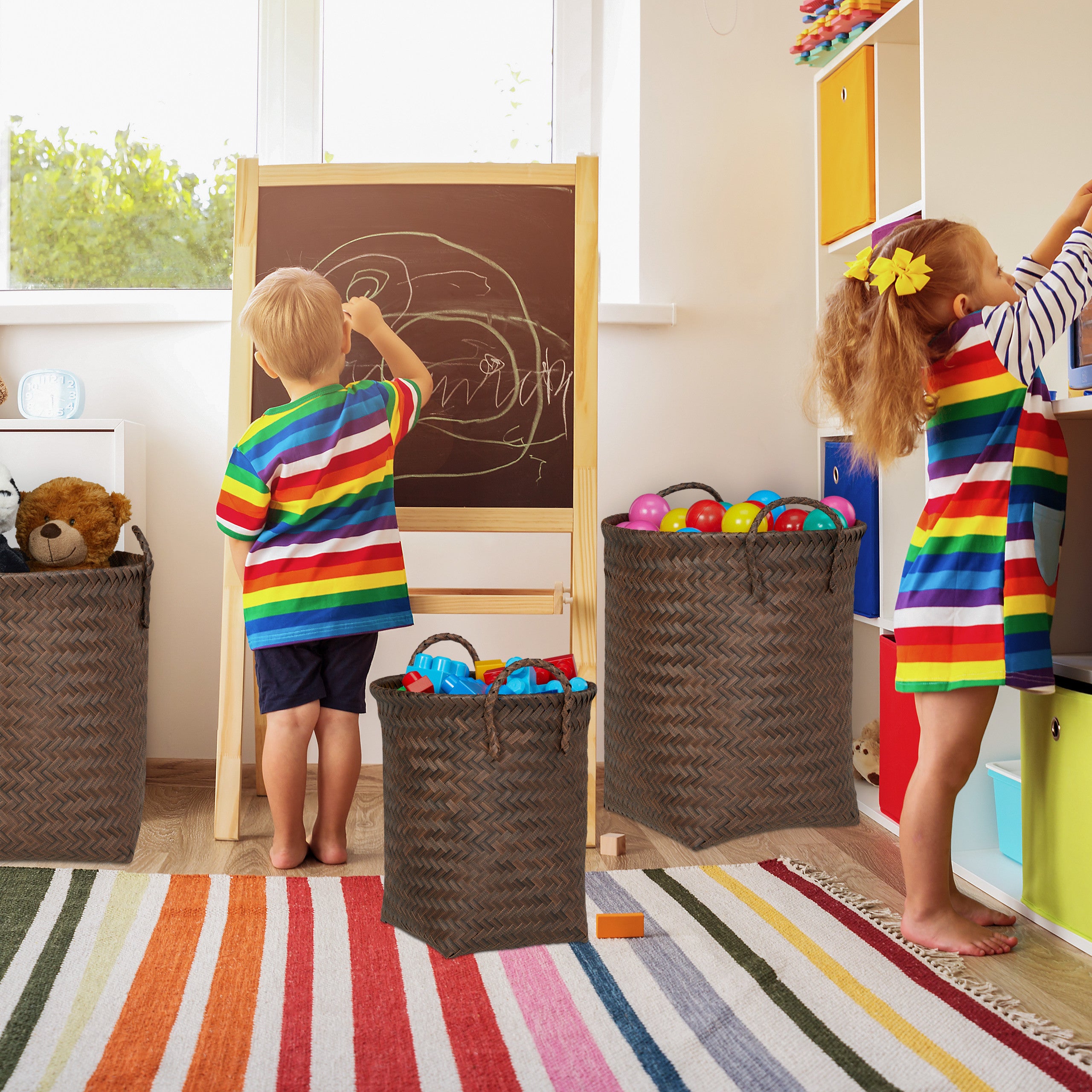 Panier à lessive tressé, jeu de 3 corbeilles à rangement, 3 tailles, avec anse, plastique, choix de couleurs, Relaxdays - 3