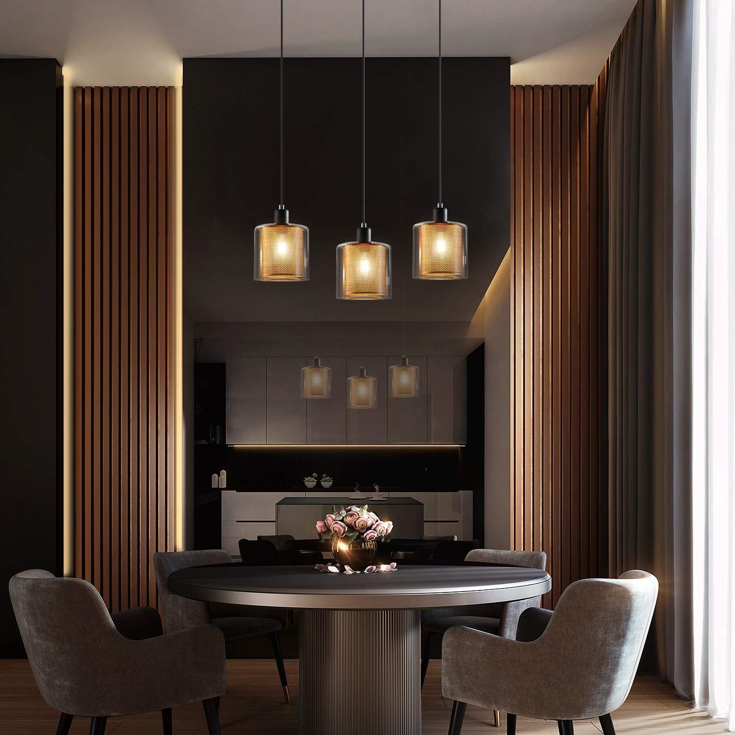 NETTLIFE Czarna złota metalowa lampa wisząca E14 średnica 171,5 cm Vintage Industrial Glass 3-Light Lampa do salonu, biura, jadalni - 4