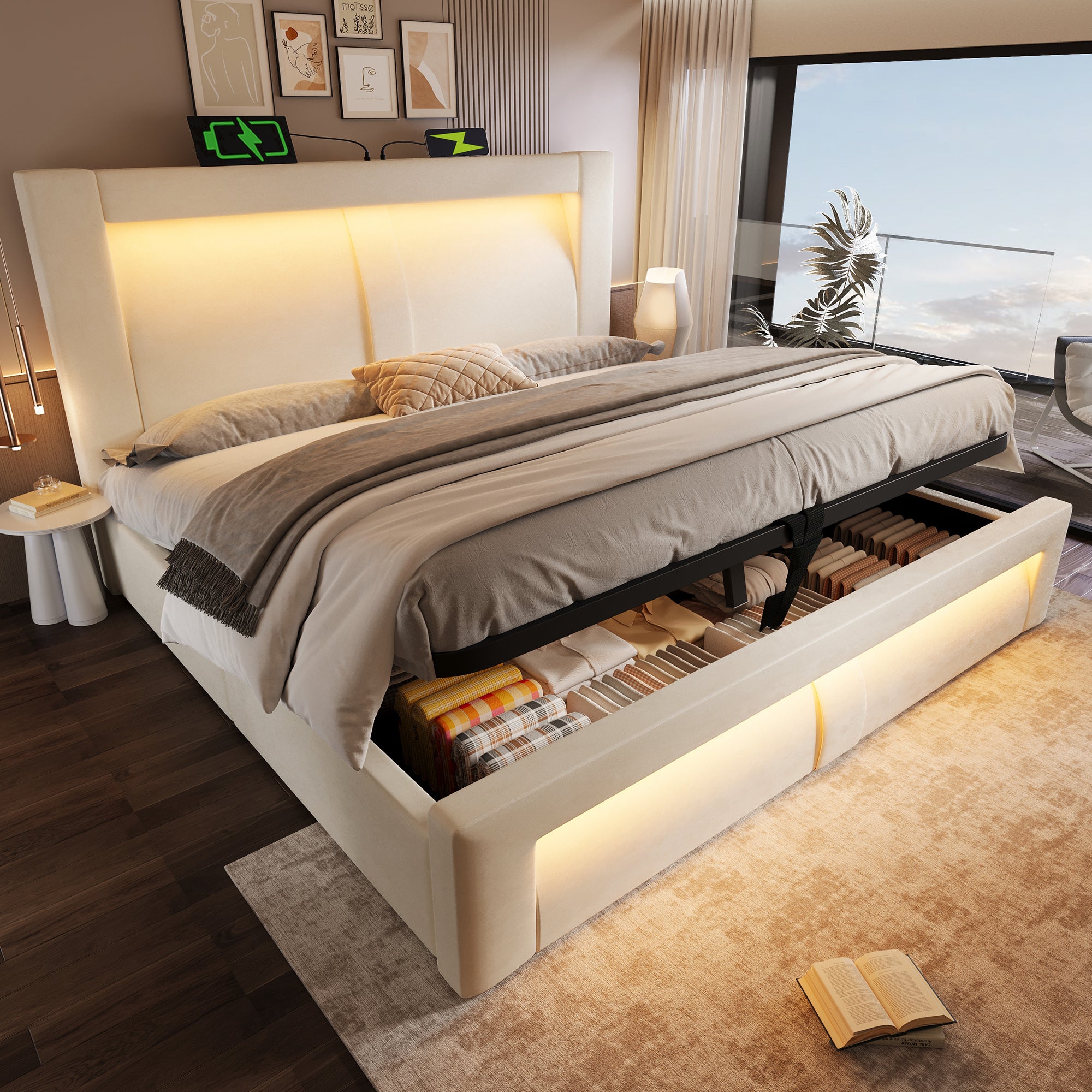 Łóżko z pojemnikiem 180 x 200 cm i zagłówkiem – aksamitne – porty USB i typu C + diody LED – dla dzieci – beżowe - 9